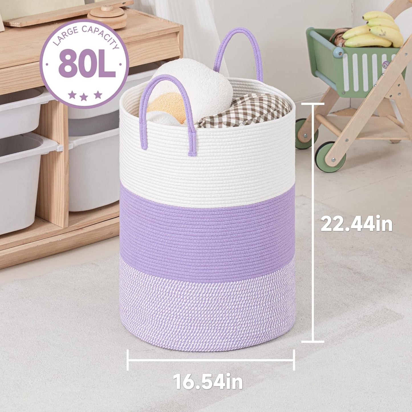 CLHMILY&Z 80L Laundry Basket Round Storage Rope Basket - 16.5x22.5 Inches - Lavender Hamper in Bedreoom and Cute Storage Bin for Blankets, Toys, and Nursery Essentials