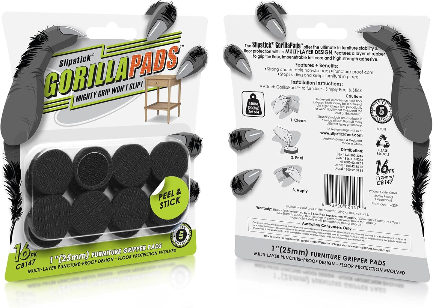 Slipstick GorillaPads CB147 Non Slip Furniture Pads/Gripper Feet (Set of 16) Self Adhesive Rubber Floor Protectors, 1 inch Round, Black