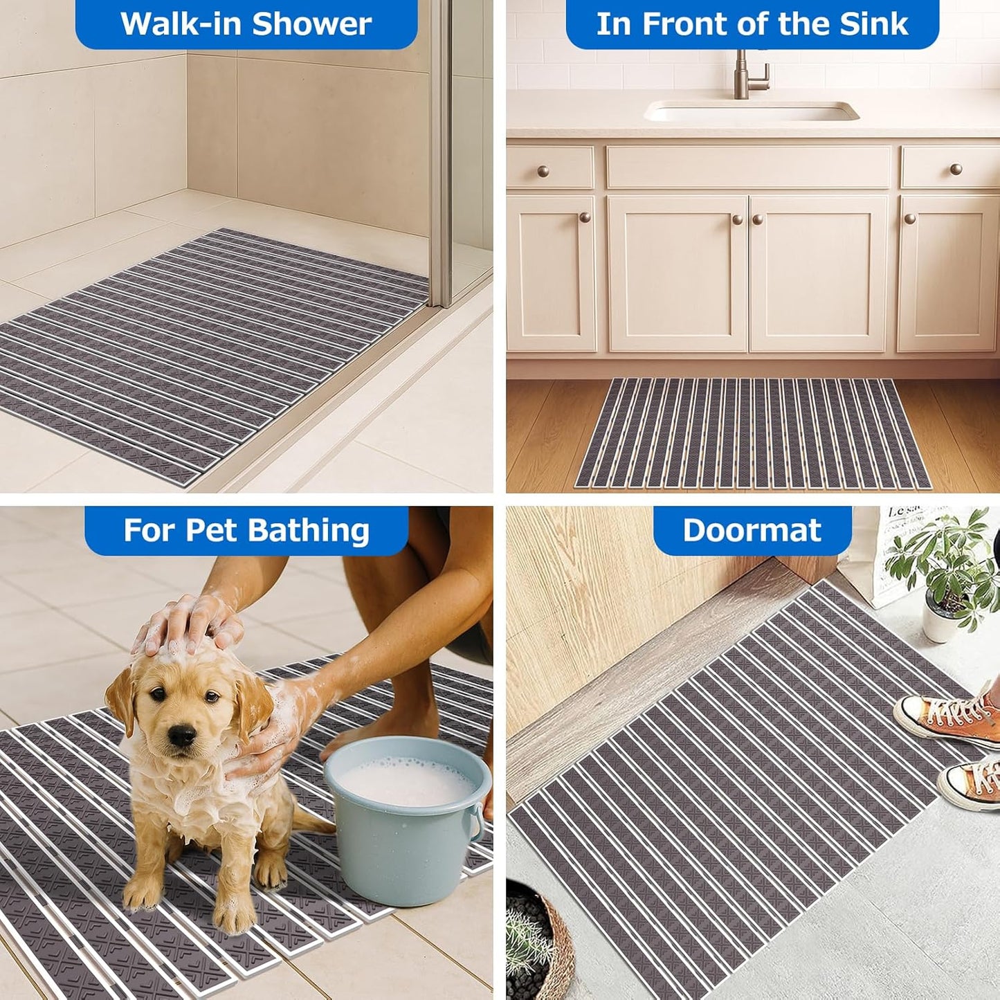 Matace Non Slip Rubber Bathtub & Shower Mat with Suction Cups, Thick Textured Surface, Fast Drain and Upright Drying Design, No Pooling Water for Better Hygiene, 27 x 16 Inch, Dark Gray