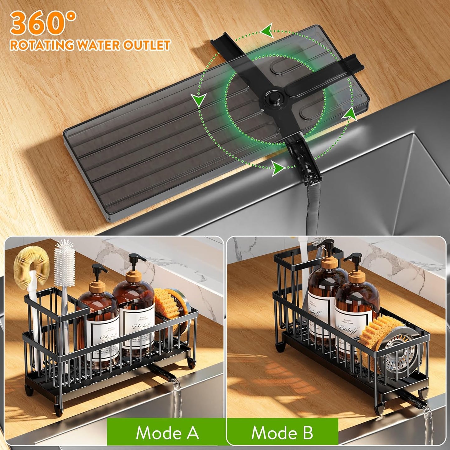 Cisily Extra Large Black Sponge Holder for Kitchen Sink, Sink Caddy Organizer with High Brush Holder, Kitchen Countertop Organizers and Storage Essentials, Rustproof 304 Stainless Steel