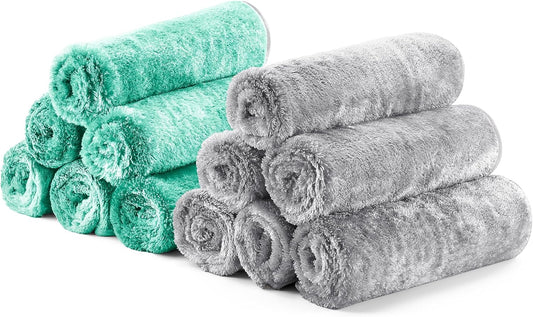Fantasticlean Microfiber Car Detailing Towels, Car Drying Towel with Edge, Plush, Coral Fleece, 700GSM, 16" x 16", 12 Pack, Scratch-Free, Ultra Absorbent, Car RV Boat Home Cleaning (Grey and Green)