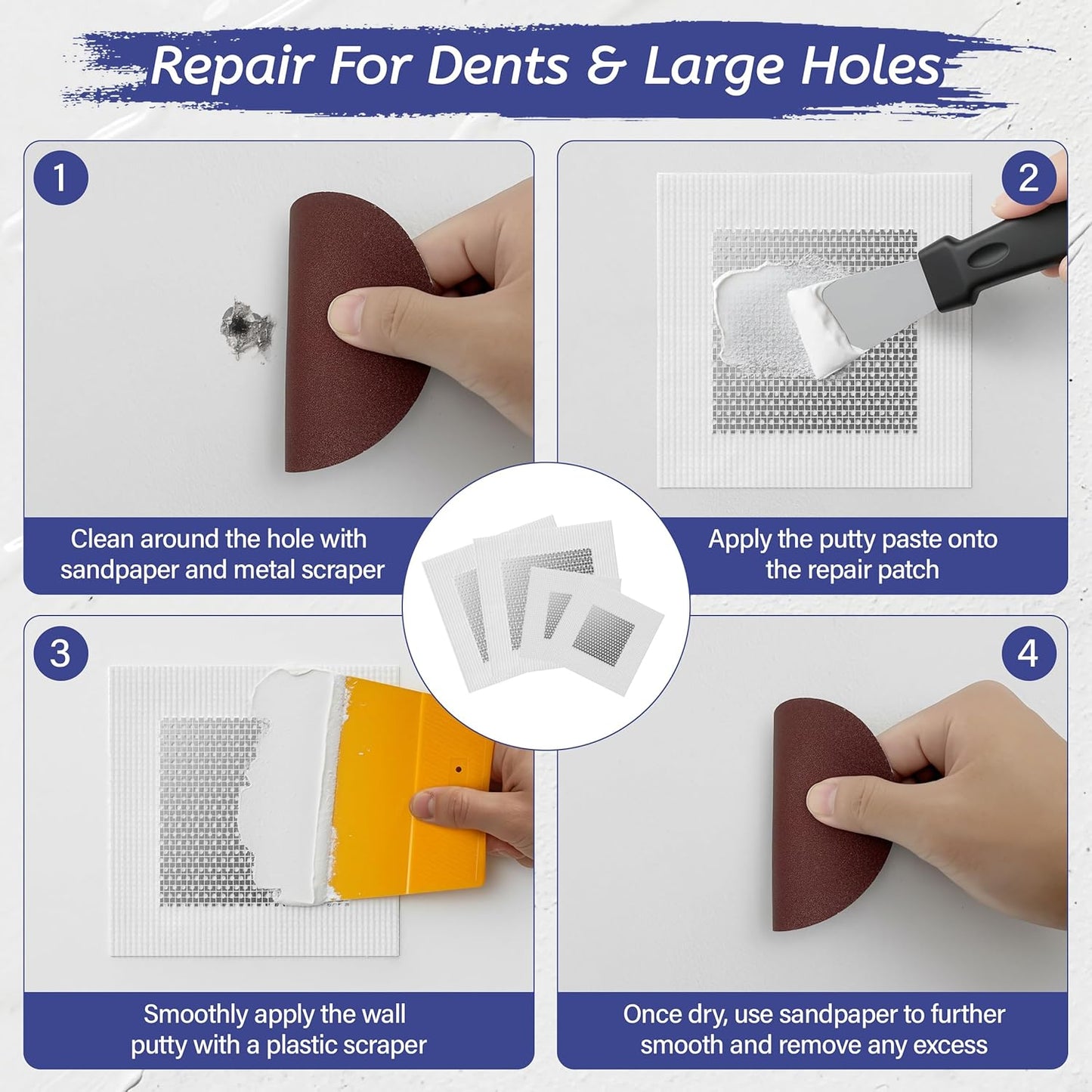 Oriflame Drywall Repair Kit: 8.5 Ounce Spackle Wall Repair with Patch/Scraper/Sandpaper/Gloves - White Wall Putty for Nail Holes/Cracks/Dents/Stains/Peeled Wall