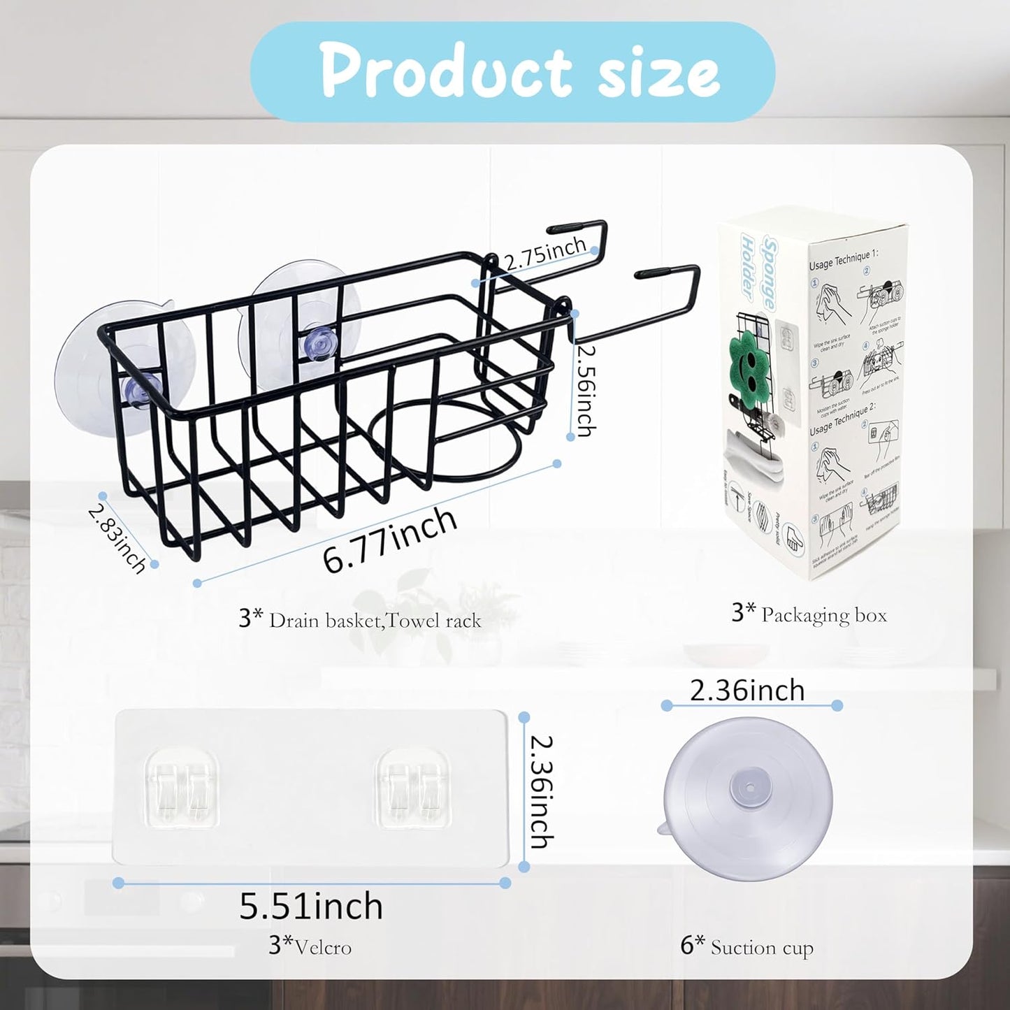 Sponge Holder with Dish Cloth Hanger for Kitchen Sink, In-sink Caddy Organizer with Suction Cups & Adhesive Strips, Rustproof Sponge Rack for Soap, Brush, Scrubber - Black（3 Pack）