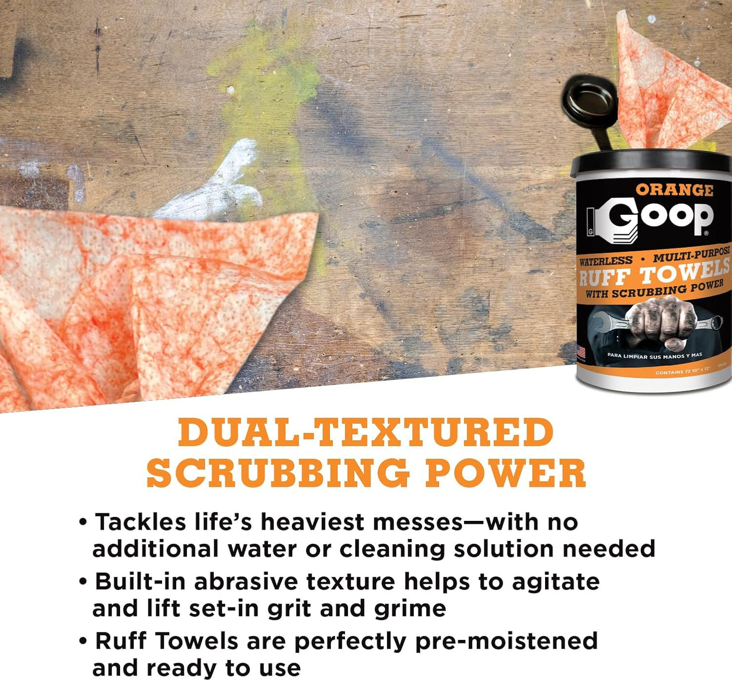 GOOP Orange Heavy Duty Ruff Towels with Scrubbing Power, 10” x 12” Dual Textured Multi-Purpose Cleaning Wipes, Removes Dirt, Grease, Oil, 72 Count (Pack of 2)
