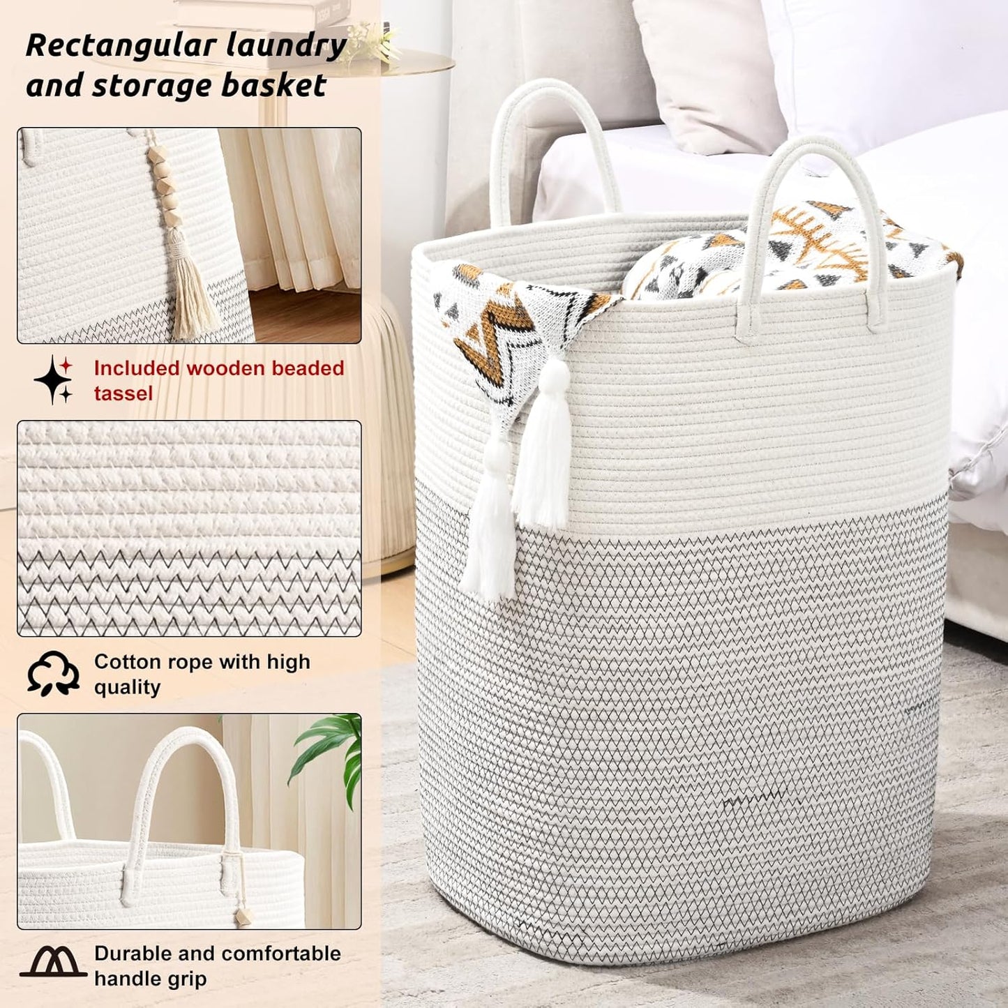 Woven Laundry Basket for Clothes, 50 L Large Rectangle Laundry Hampers with Beads Tassel, Nursery Storage Basket for Toys, Tall Dirty Clothes Hamper for Bedroom Aesthetic, Laundry Room Organization