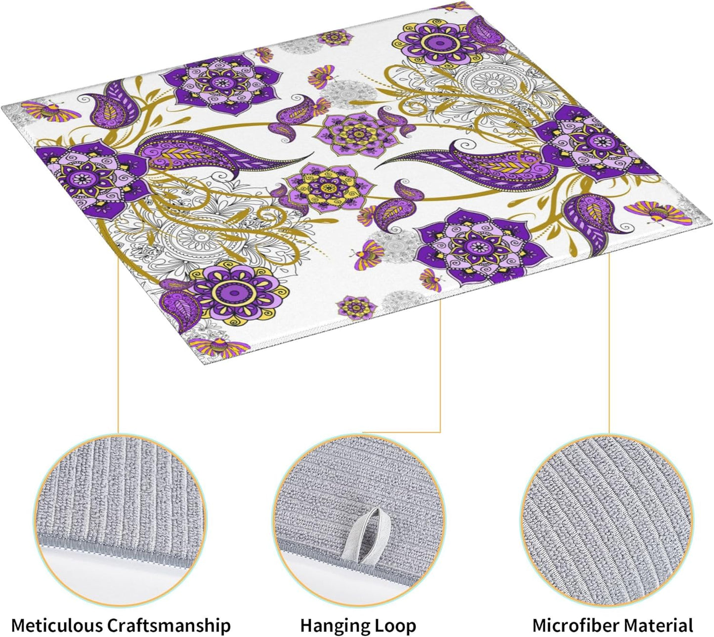 Boho Floral Dish Drying Mat for Kitchen Counter Washable Absorbent Reversible Microfiber Purple Flower Drying Pad Kitchen Accessories 16x18 Inch