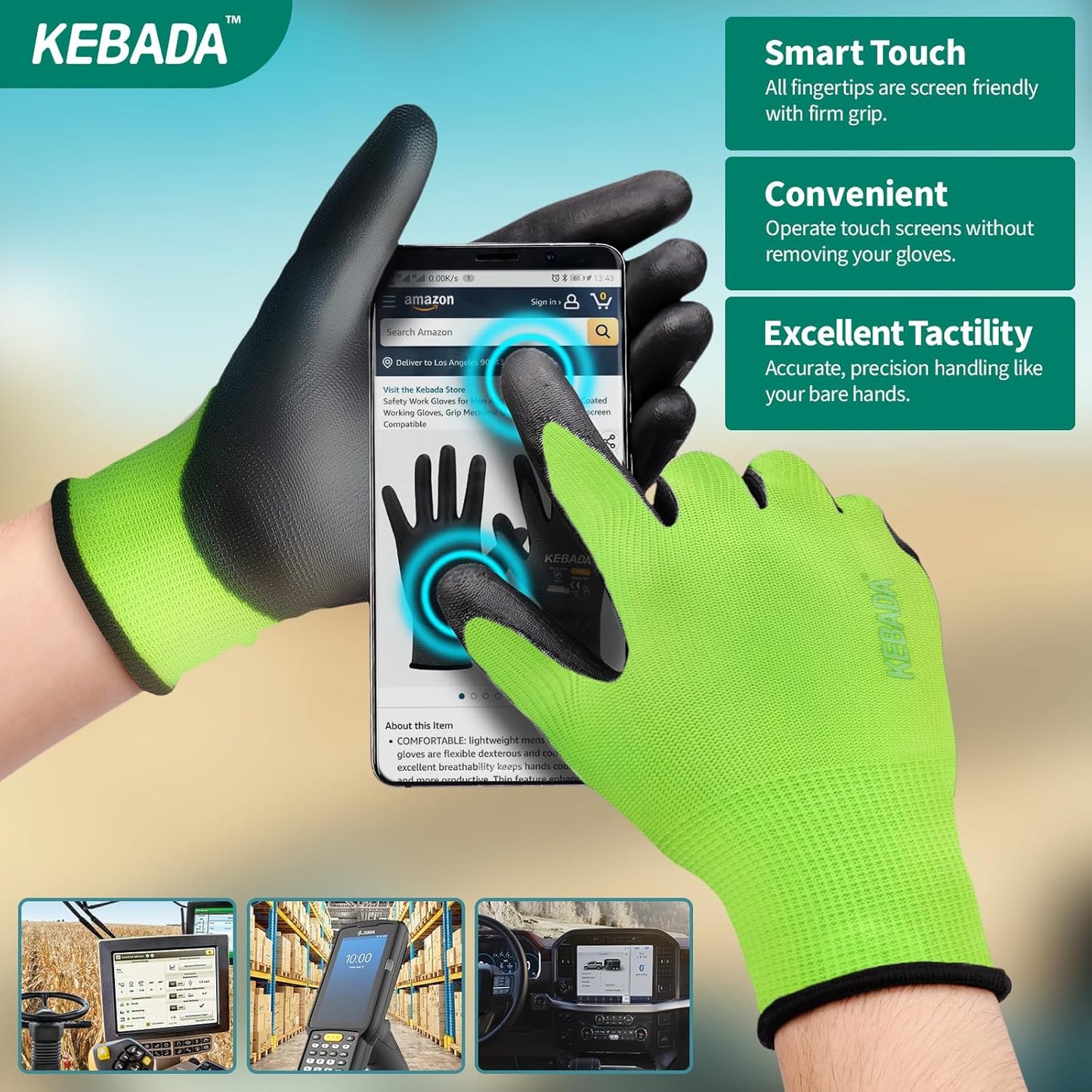 Kebada W1 Work Gloves for Men and Women, Touchscreen PU Coated Gloves with Grip, 50 Pairs Bulk Pack, Ideal for Warehouse Package Handling, Construction, Gardening, Green XX-Large