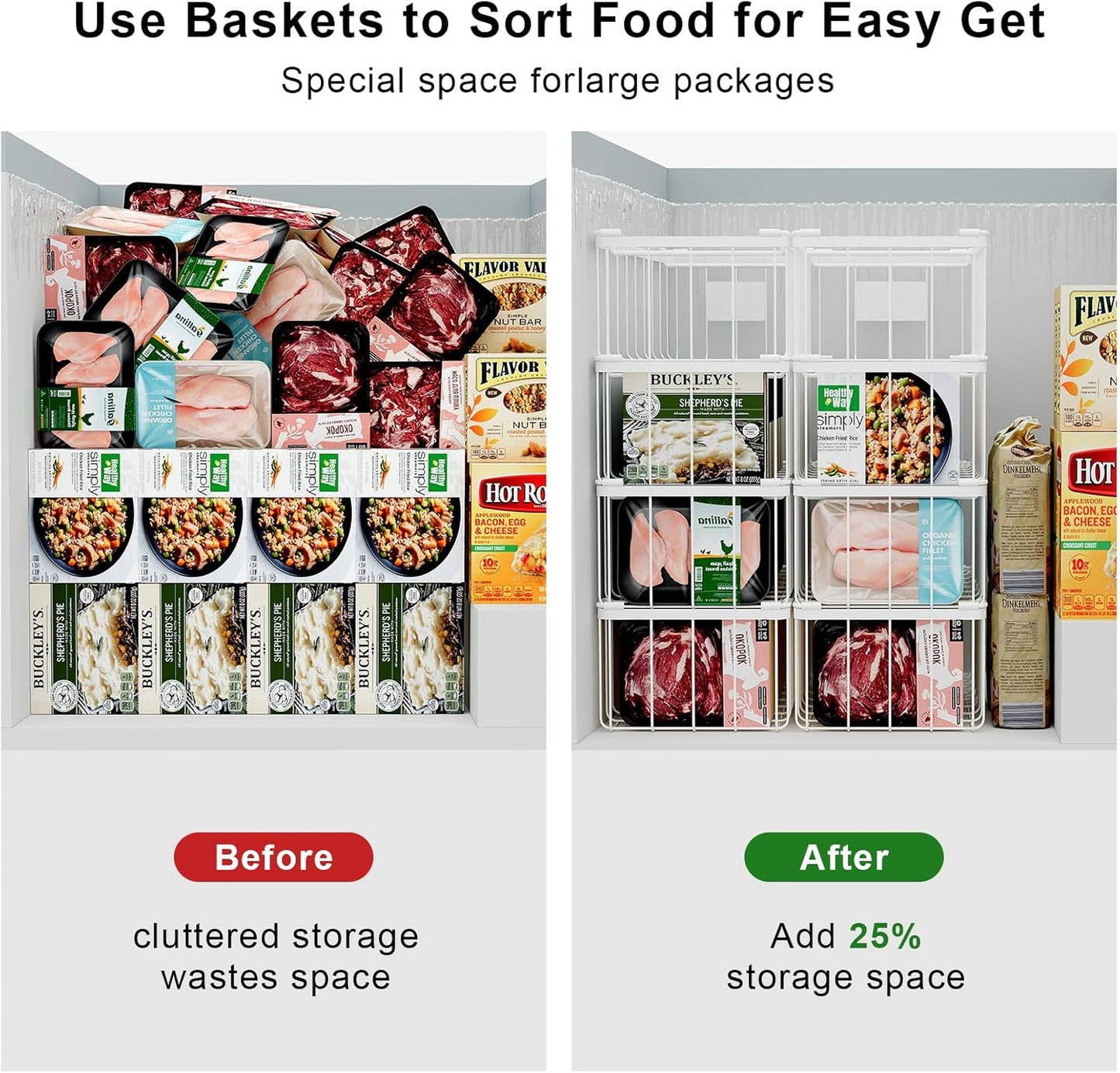Freezer Storage Organize Baskets - 2 Pack Stackable Deep Freezer Organizer Bins for Most 7 Cu.FT Chest Freezer with Handles, Sturdy but Light, Metal Coated, Add Space, Easy to Reach