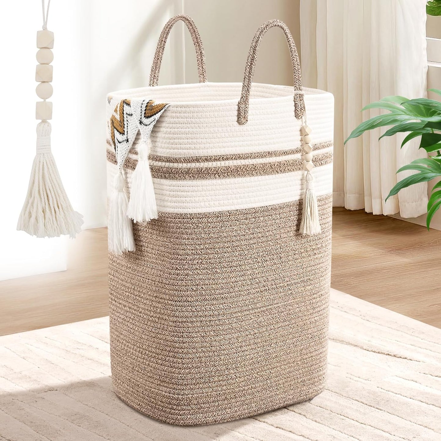 Woven Laundry Basket for Clothes, 50 L Large Rectangle Laundry Hampers with Beads Tassel, Nursery Storage Basket for Toys, Tall Dirty Clothes Hamper for Bedroom Aesthetic, Laundry Room Organization