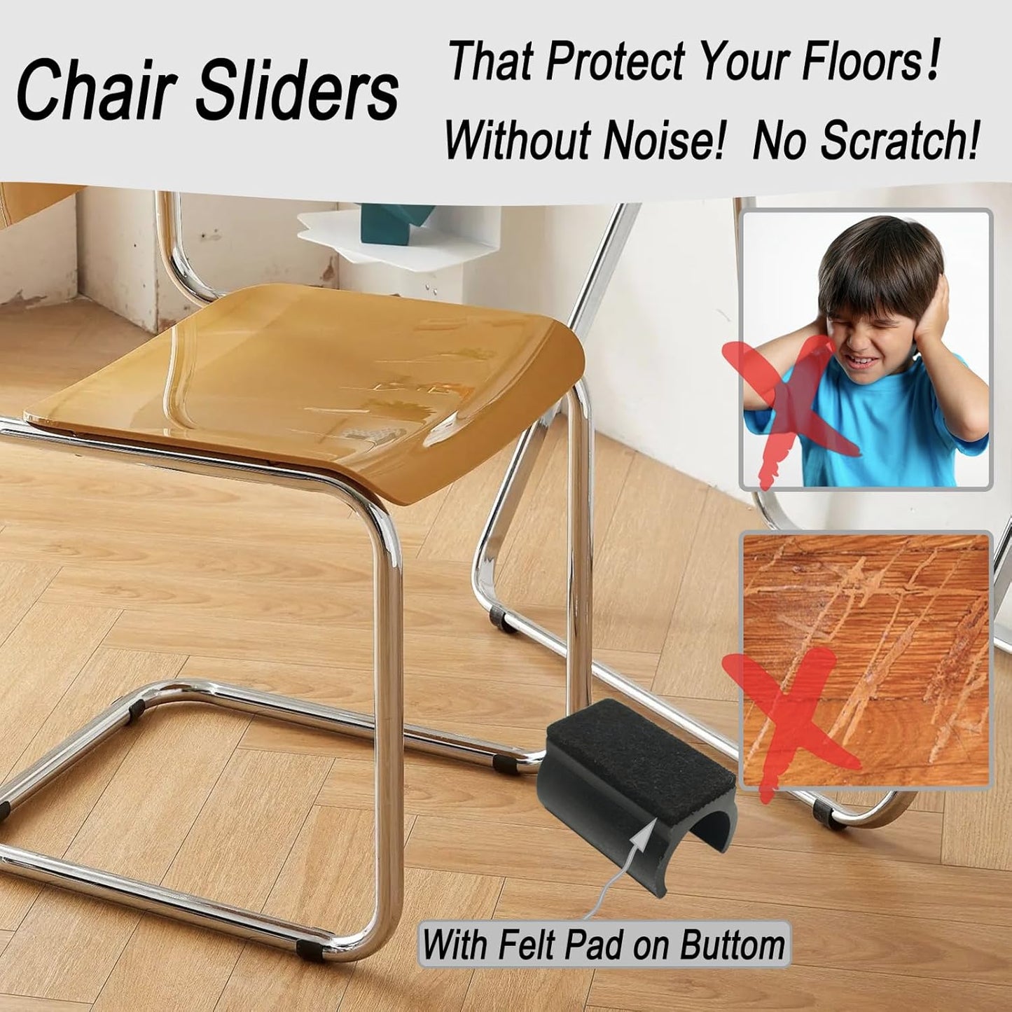 Rectangle U Shaped Chair Leg Tips Cap with Felt Pads,Furniture Feet Protectors Slide Smoothly Glides,Protect Hardwood Floor No Scratches No Noise,Fit 22mm(7/8inch) Diameter Tubular Legs (Black 8PCS)