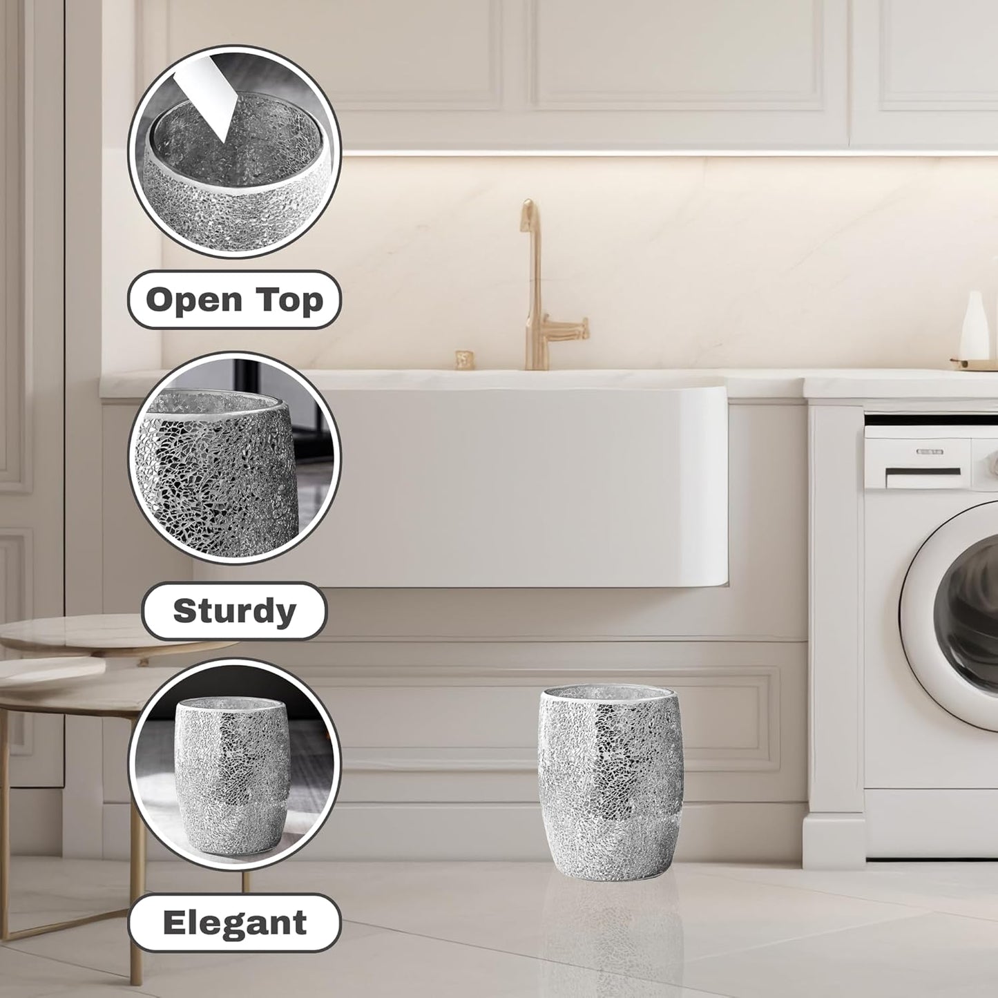 Escenzy Modern Bathroom Trash Can Silver Mosaic Glass 5L | 7" x 10" | Luxury Waste Basket for Restroom, Bedroom, Office & Kitchen | Decorative Small Garbage Can | Silver Glitter Bathroom Accessories