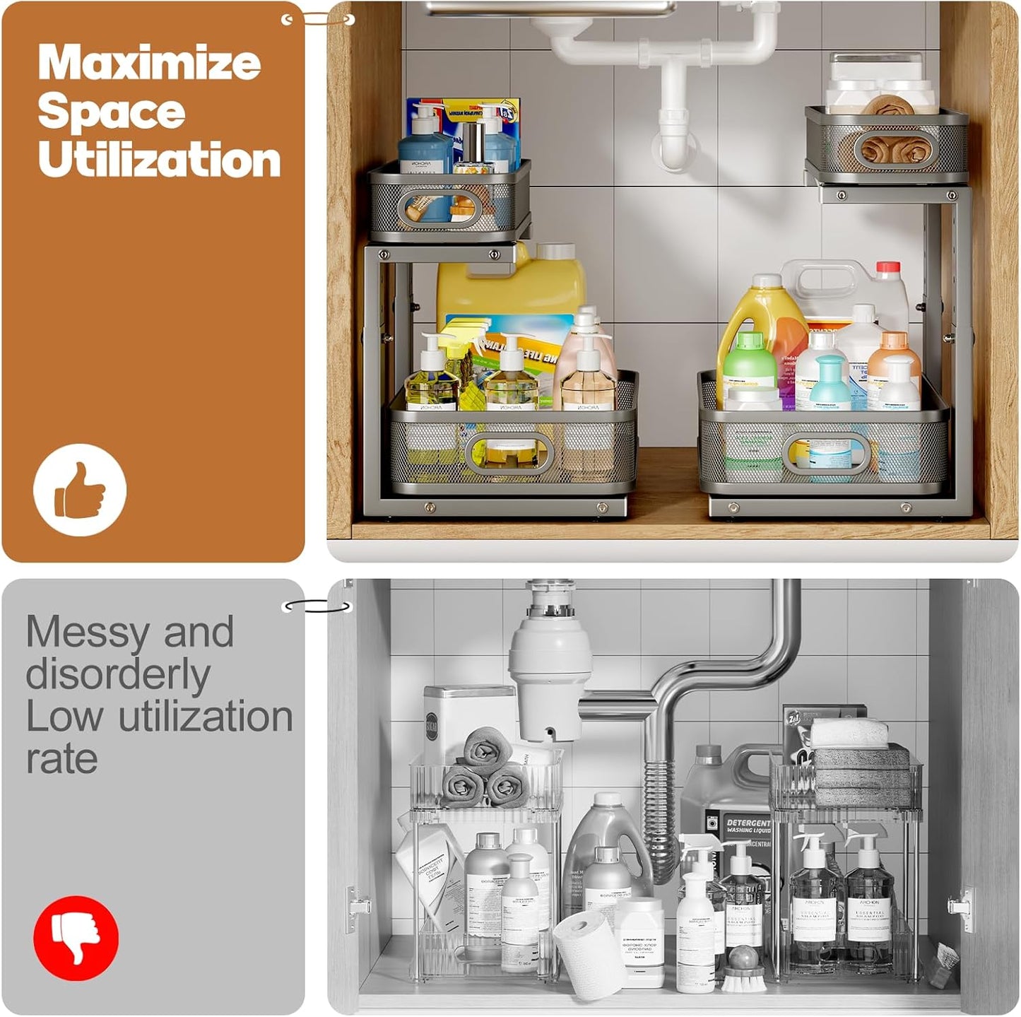 2 Pack 17.3IN-Depth Under Sink Organizer with Smooth Cylindrical Rail,2-Tier Pull Out Multi-Purpose Cabinet Storage for Bathroom&Kitchen,Height Adjustable,Rust-Resistant Coating-Gun Gray