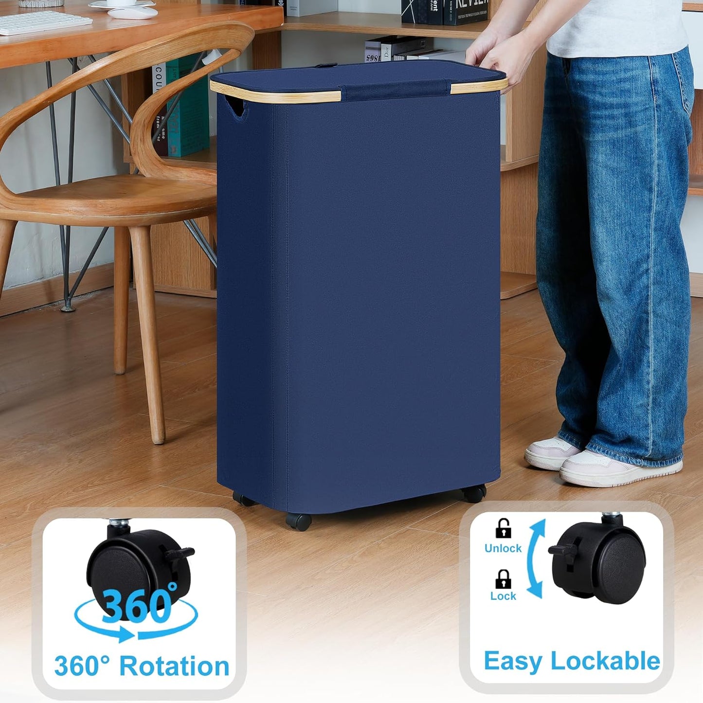 efluky Laundry Basket with Wheels, Tall Rolling Laundry Hamper with Lid and Removable Bag, Aesthetic Dirty Clothes Hamper on Wheels for Laundry Room, Bedroom, Dorm and Bathroom, 100L Blue