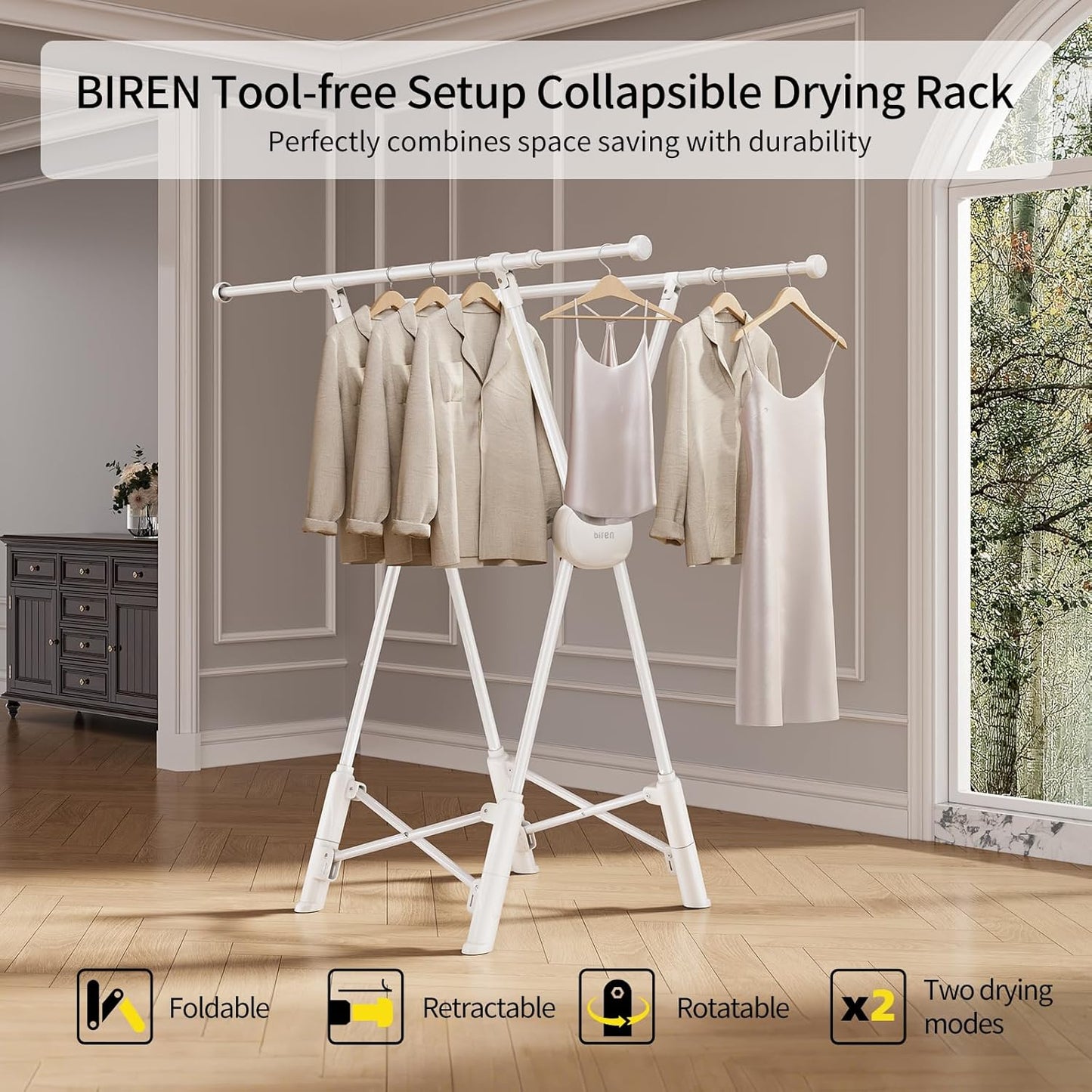 BIREN Clothes Drying Rack Heavy Duty Clothing Racks Extending Laundry Rack Two Drying Modes Garment Racks for Drying Clothes, Adjustable Length from 32-55 Inches for Indoor Outdoor Use