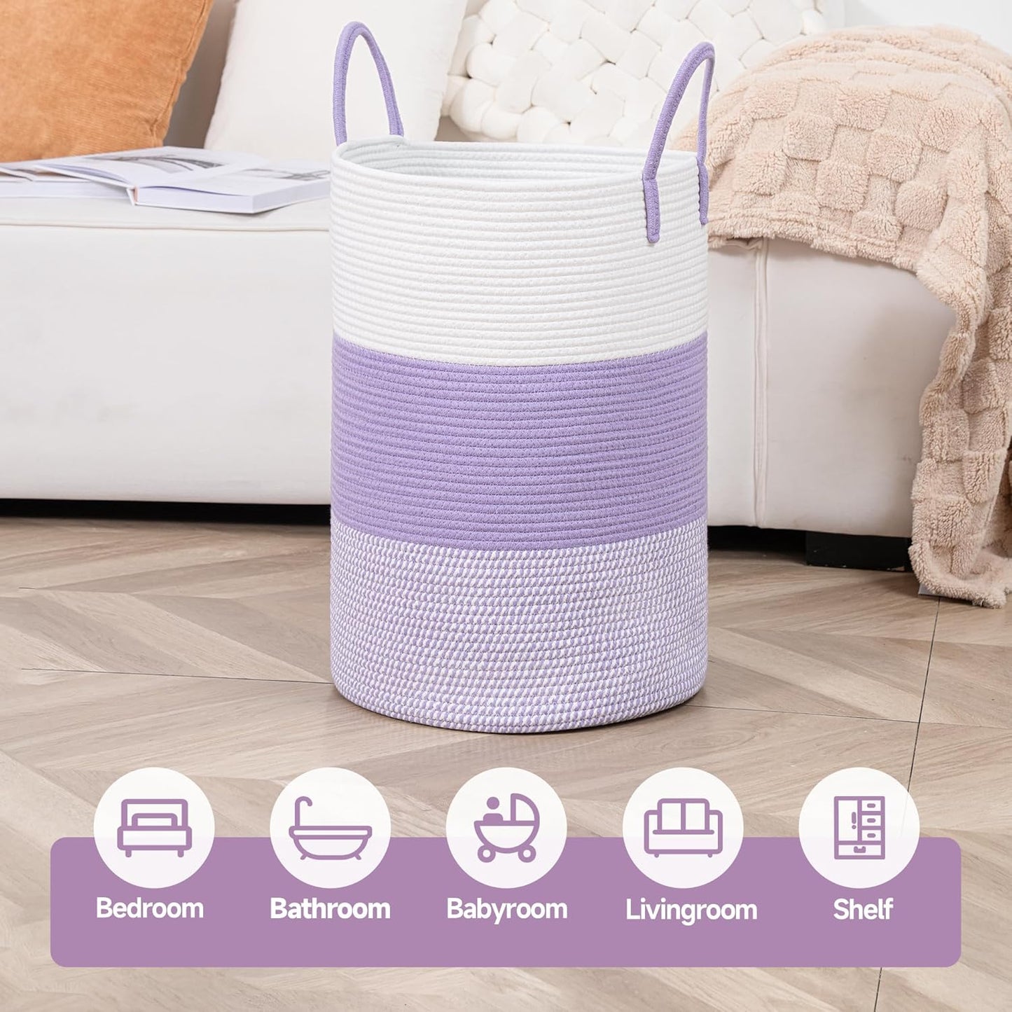 CLHMILY&Z 60L Laundry Basket Round Storage Rope Basket - 15x20.5 Inches - Lavender Hamper in Bedreoom and Cute Storage Bin for Blankets, Toys, and Nursery Essentials