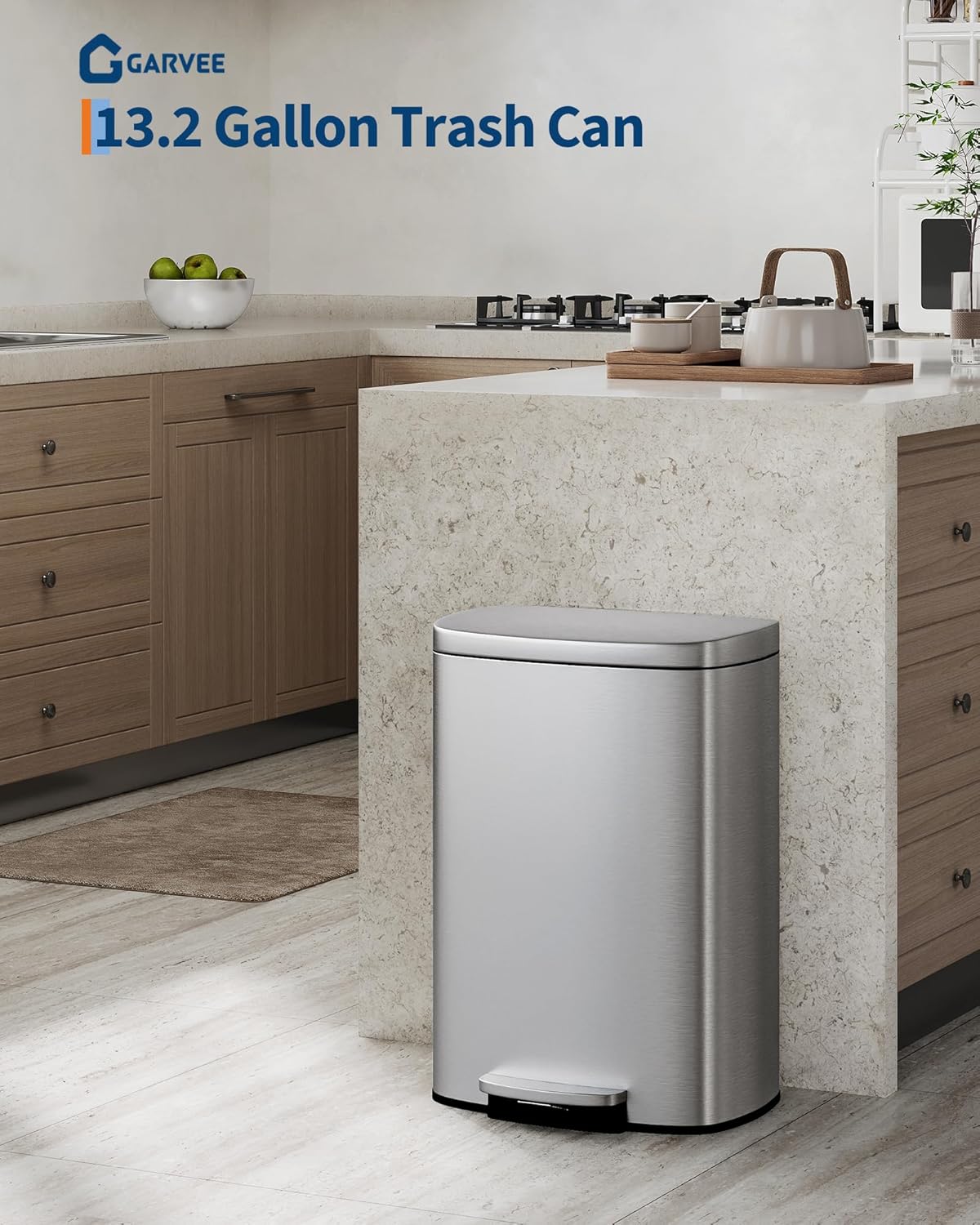 Garvee 13 Gallon / 50 Liter Stainless Steel Kitchen Trash Can with Lid, Large Rustproof Garbage Can for Kitchen, Step-on Metal Trash Bin with Inner Bucket, Rear Handle, Soft Close Lid, Silver