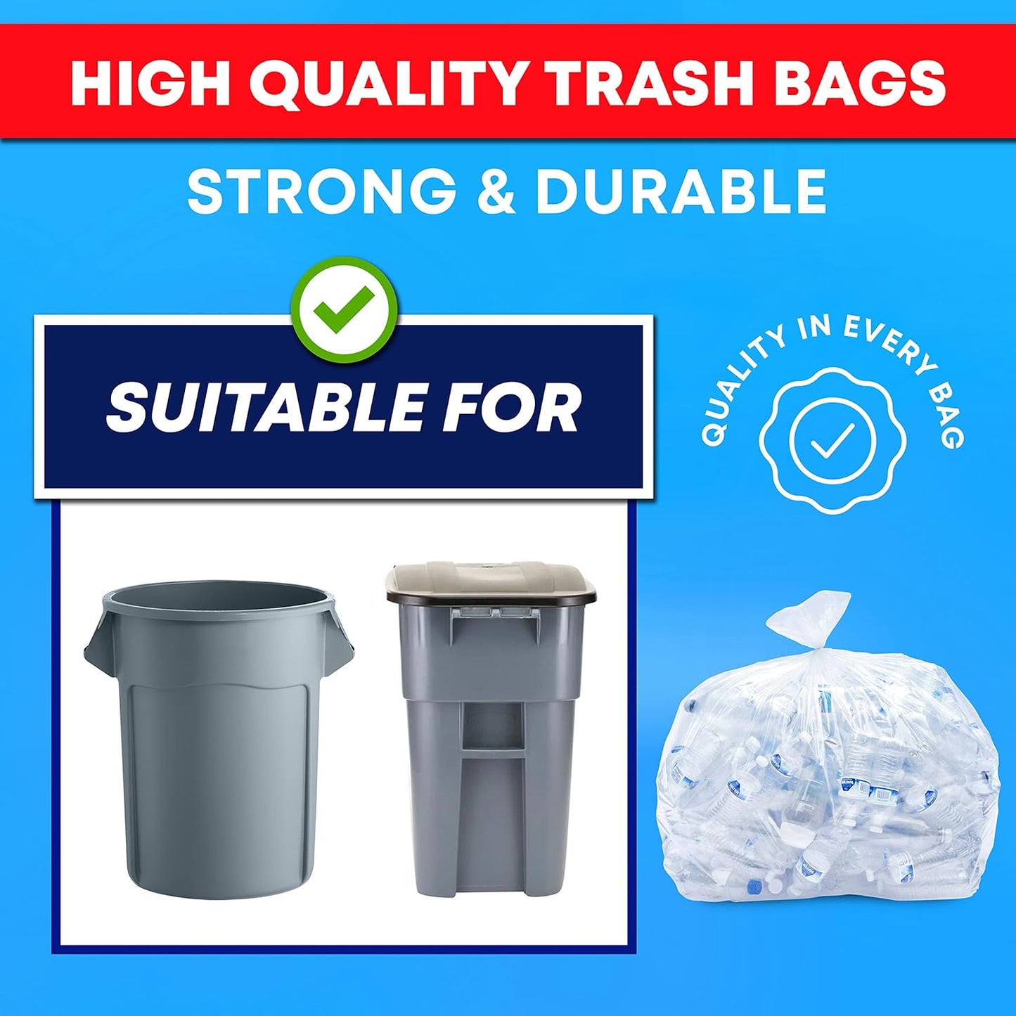 Tasker 30-33 Gallon Clear Trash Bags Heavy Duty (Mega ValuePack 250 Bags) Large Plastic Bags, Great for Recycling 30 Gallon - 32 Gallon - 35 Gallon. Clear Large Trash Bags