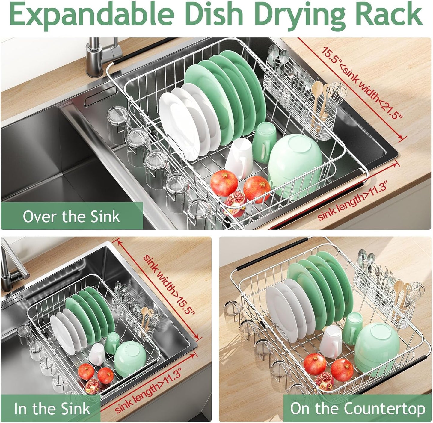 Dish Drying Rack in Sink, Extendable Stainless Steel Dish Drainers for Kitchen Counter, Anti-Rust Dish Dryer Rack with Utensil & Cup Holders, for Inside Sink, Over The Sink