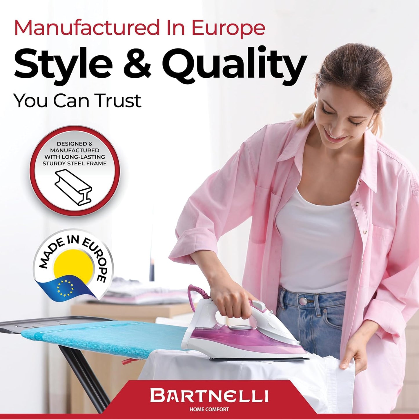 Bartnelli Next-Generation Innovative Wooden Top Ironing Board, with Breakthrough Patented 5-Layered Steam-Reflecting Cover, Made in Europe, Adjustable Height, 4 Heavy Duty Durable Steel Legs, 46x16”
