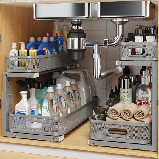 2 Pack 19.3IN-Depth Under Sink Organizer with Smooth Cylindrical Rail,2-Tier Pull Out Multi-Purpose Cabinet Storage for Bathroom&Kitchen,Height Adjustable,Rust-Resistant Coating-Gun Gray