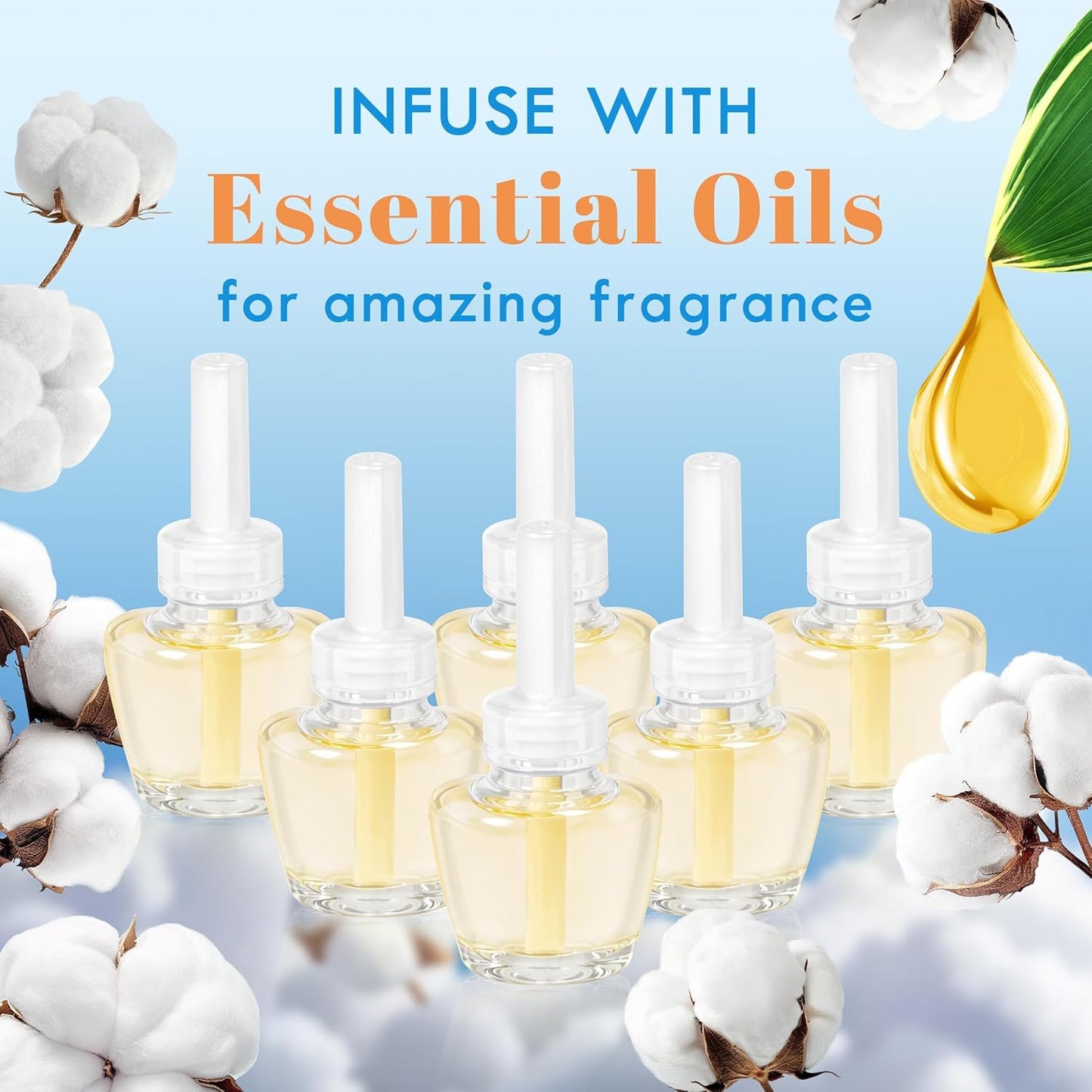LASENTEUR Plug in Scented Oil Refill, 6 ct, Cotton Scent Long-Lasting Natural Fragrance for Home, Bathroom Bedroom Office, Compatible with Airwick, Compatible with Glade