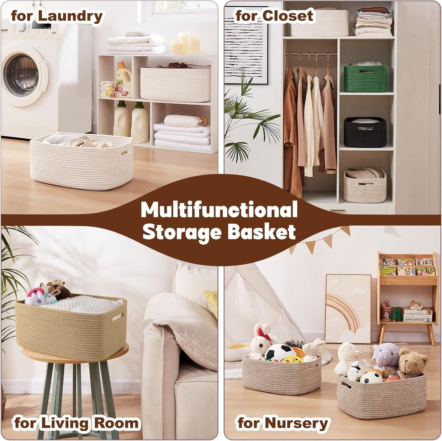 OIAHOMY Storage Basket for Shelves, Closet Cube Storage Bins Baskets for Clothes Blanket Towels, Baby Nursery, Toy Baskets Box, Woven Rope Basket, 15.75*11.81*7.09 IN, 2 Packs Grey