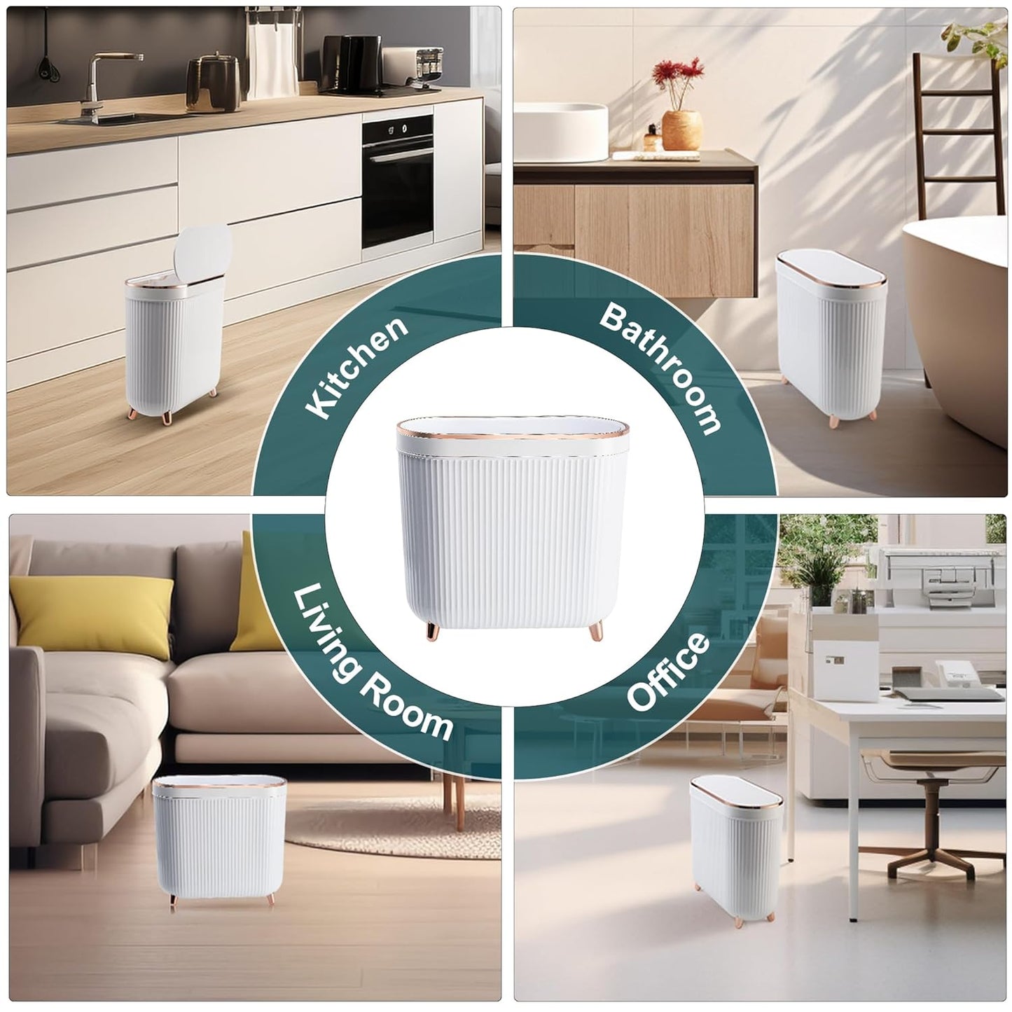 Bathroom Trash Can with Lid 3.2 Gallon Narrow Trash Can Small Plastic Trash Bin 12 Liter Rectangular Plastic Garbage Can with Press Type Lid for Bedroom Bathroom Milk White