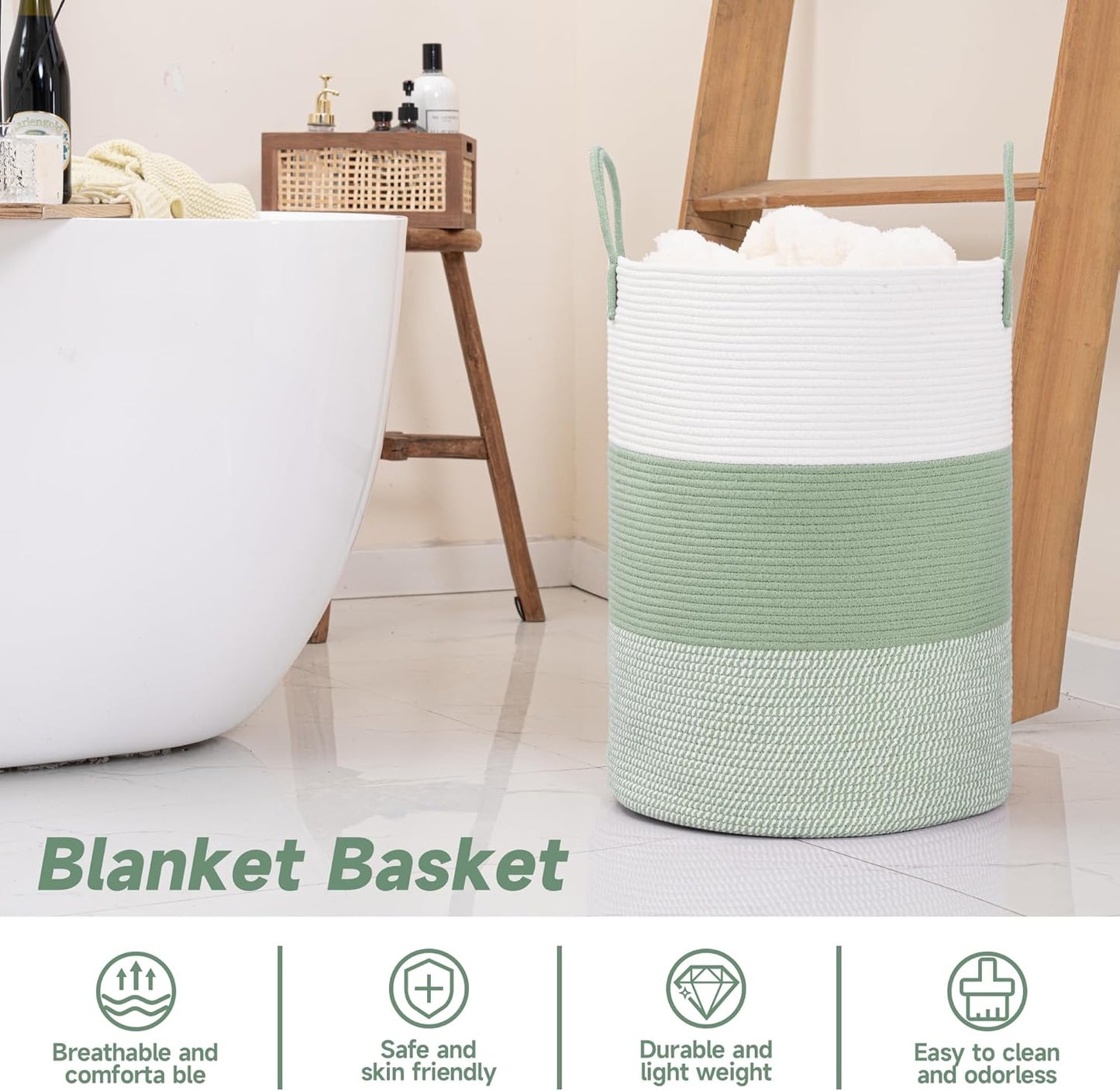 CLHMILY&Z 100L Laundry Basket Round Storage Rope Basket - 18.1x24 Inches - Green Hamper in Bedreoom and Cute Storage Bin for Blankets, Toys, and Nursery Essentials