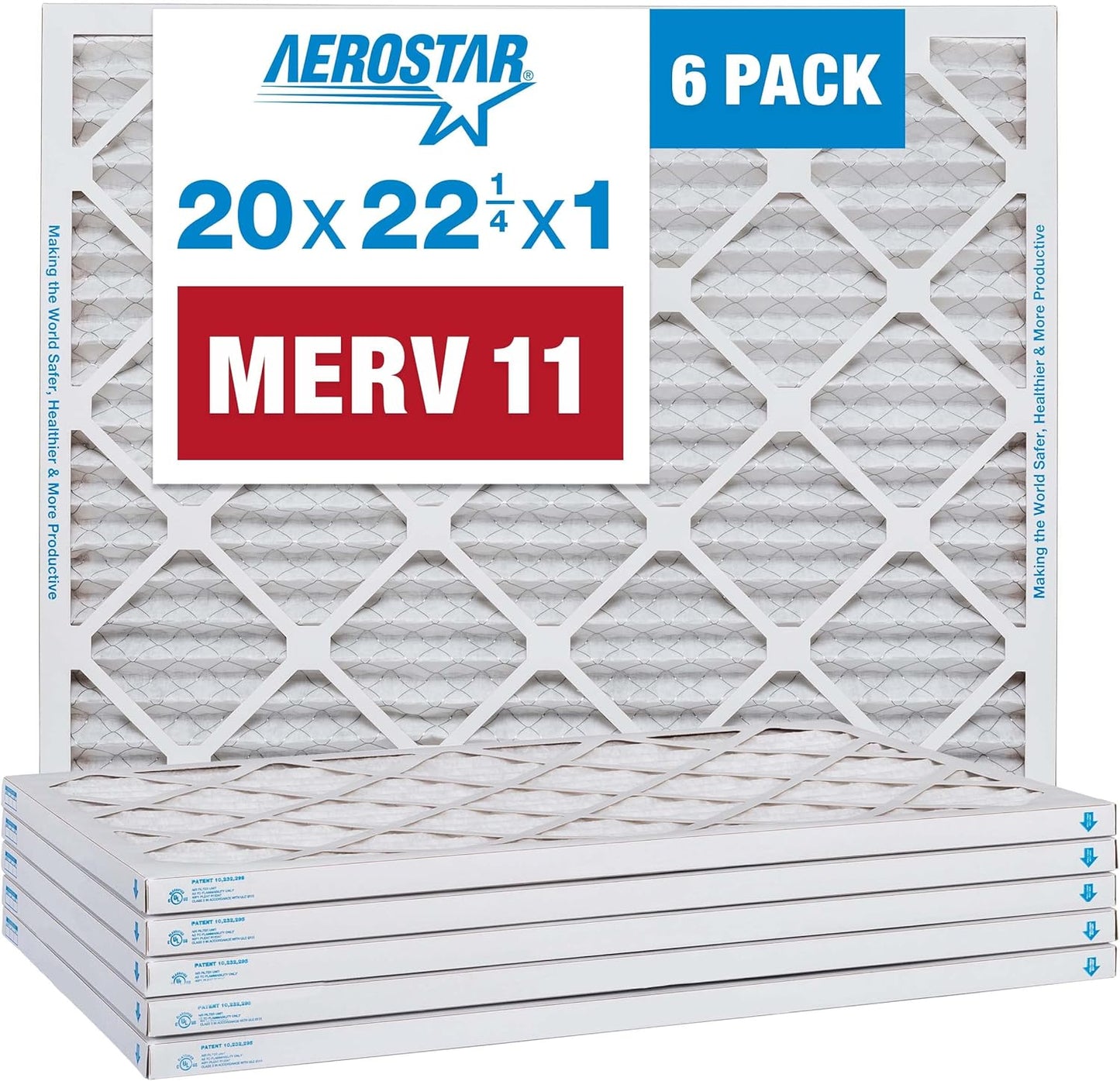 Aerostar 20x22 1/4x1 MERV 11 Pleated Air Filter, AC Furnace Air Filter, 6 Pack (Actual Size: 19 7/8" x 22 1/4" x 3/4")