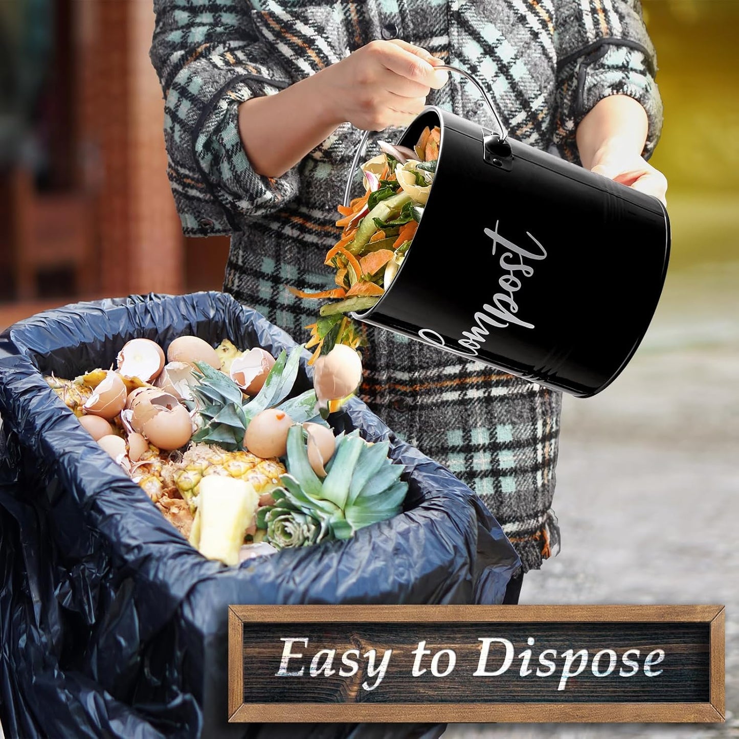 Compost Bin Kitchen, 1.3 Gallon Farmhouse Kitchen Compost Bin Countertop, Indoor Countertop Compost Bucket with Lid and Charcoal Filters, Black