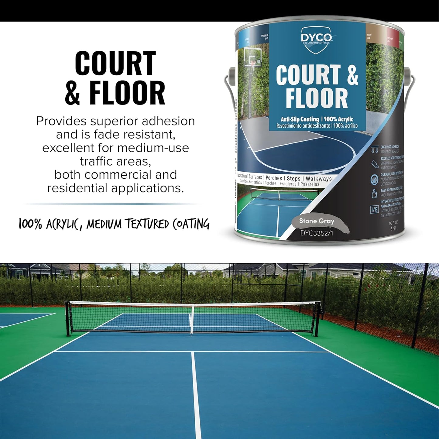 DYCO Court & Floor Anti-Slip Coating - Slip-Resistant Pavement, Cement & Concrete Paint for Pickleball, Tennis & Basketball Courts, Exceeds ADA Standards for Safety Areas (Stone Gray, 1 Gallon)