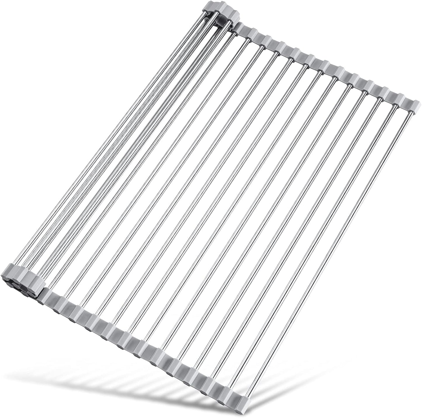 Tomorotec 17.7" x 15.5" Roll Up Dish Drying Rack Over Sink Drying Rack Sink Cover Kitchen Sink Accessories Gadget Multipurpose Organizer Foldable Stainless Steel Drainer (Grey)