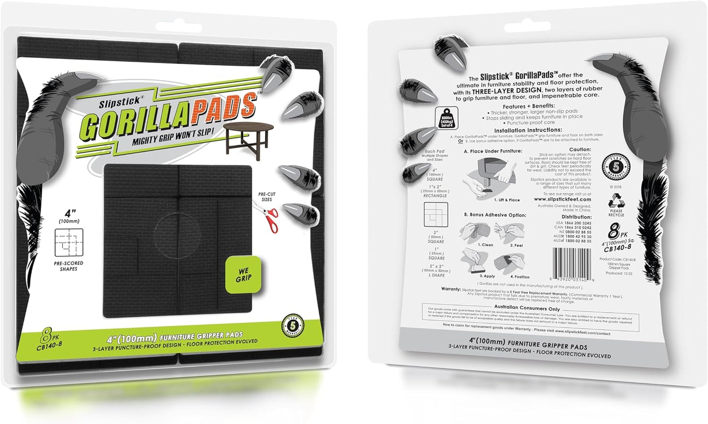 GorillaPads Non Slip Furniture Pads/Floor Grippers (Set of 8 Non Skid Floor Protectors) Pre-Scored to Cut to Multiple Size, 4 Inch Square, Black, CB140-8