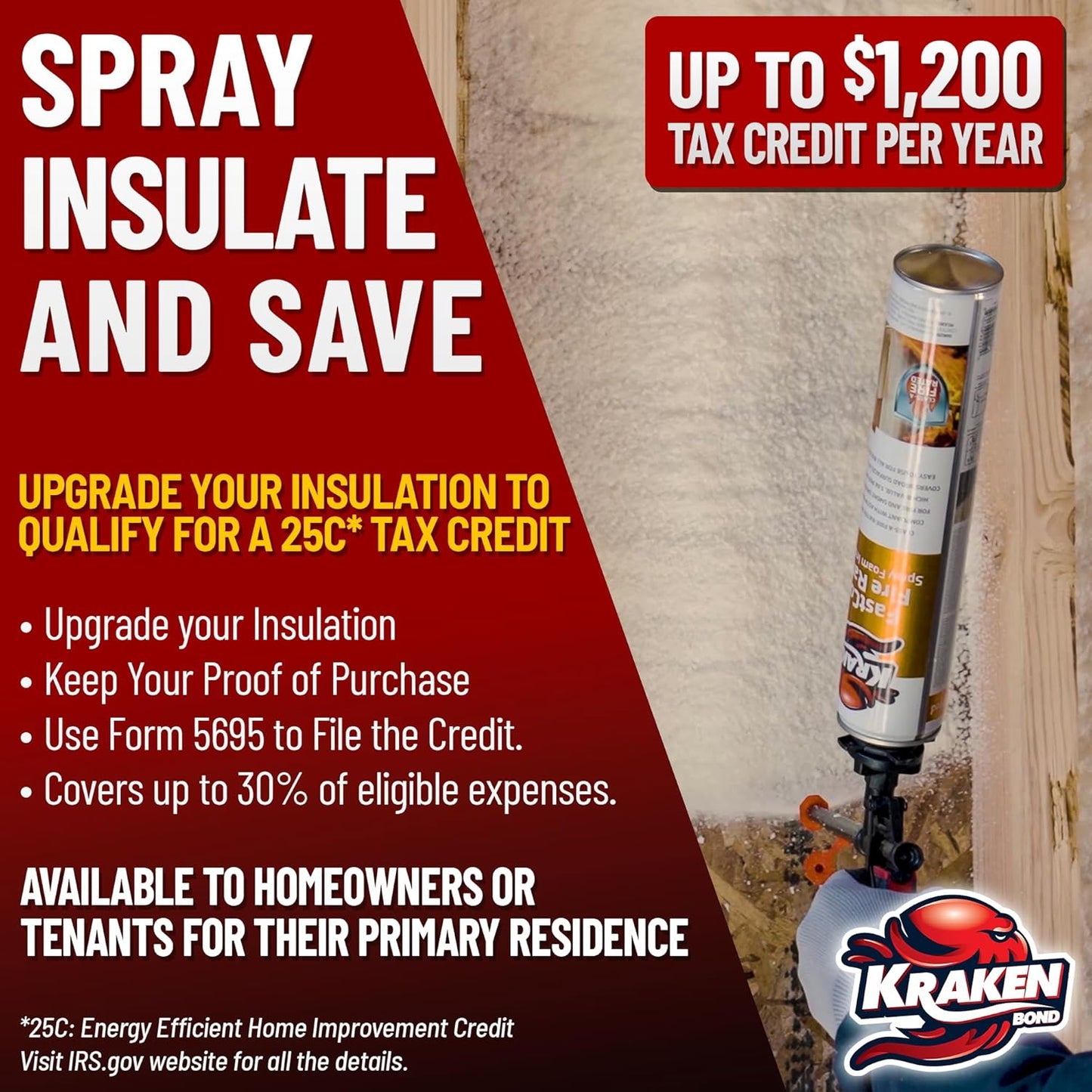 Kraken Bond Fastcoat Fire Rated Spray Foam Insulation (48x27.1 oz.) (R-Value 11.32 / 2in) Closed Cell Expanding Foam - Heat and Acoustic Insulation, 1 Gun & 4 Cleaner Included, 960 Board Ft, 48 Pack