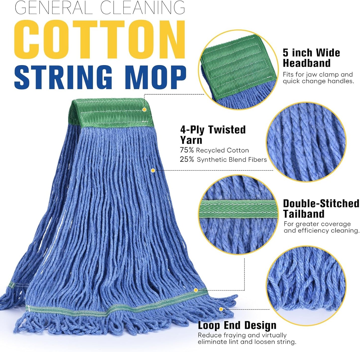 Matthew Cleaning Commercial Mop Head Replacement, 5 Inch Wide Headband, Looped End Cotton Blend String Wet Mops for Floor Cleaning, 28 oz Extra Large, 6-Pack Blue