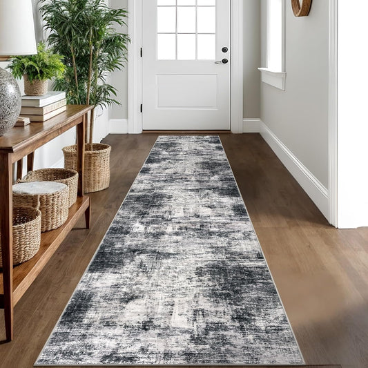 IOHOUZE Abstract Runner Rug 2x10 Ft Washable Runners for Hallways, Non Slip Kitchen Runner Printed Faux Wool Entryway Runner Indoor, Modern Abstract Floor Carpet for Hall Kitchen, Black Gey