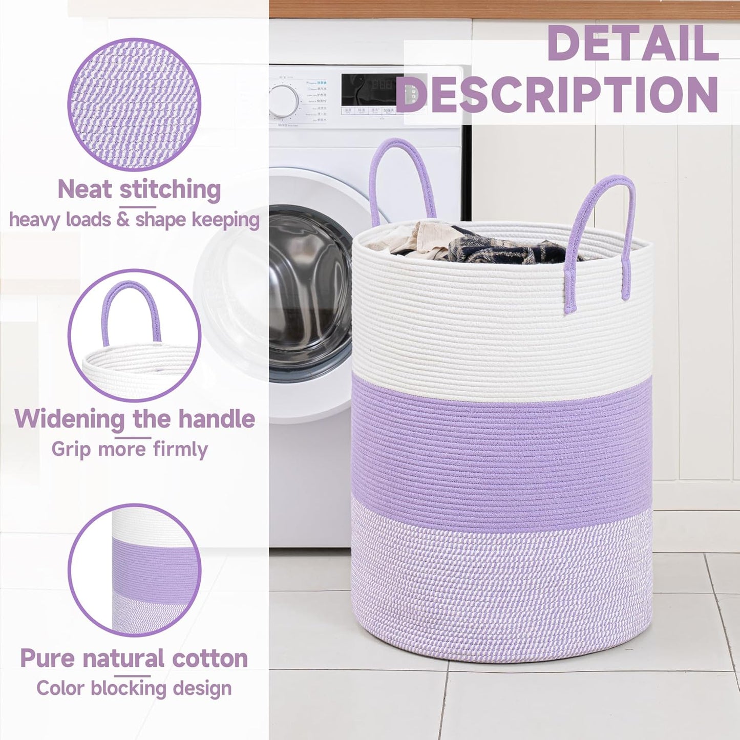 CLHMILY&Z 100L Laundry Basket Round Storage Rope Basket - 18.1x24 Inches - Lavender Hamper in Bedreoom and Cute Storage Bin for Blankets, Toys, and Nursery Essentials