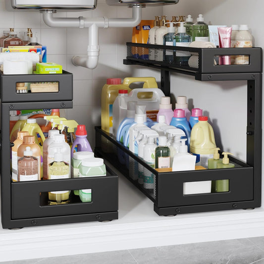 2 Pack 20.47IN Depth Under Sink Storage Organizer, Large 2-Tier Elegant Mesh Pull Out Shelf for Kitchen and Bathroom Cabinet Organization, L-Shaped and Adjustable Height Design-Black