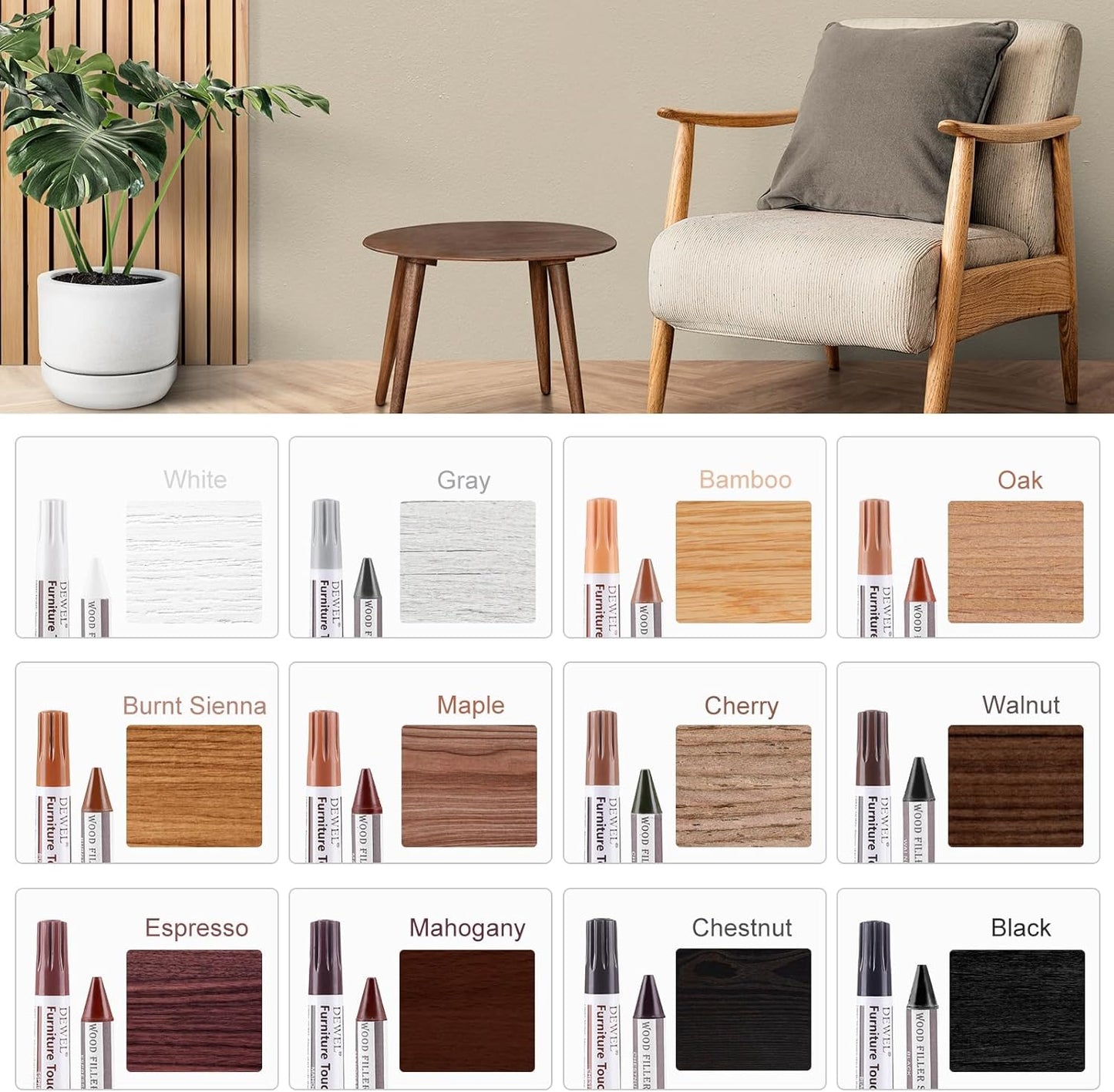 DEWEL Wood Furniture Markers & Filler Sticks Repair Kit, New Improved 12 Colors Touch Up Markers and Crayons - Covering Damaged Wooden Surfaces and Floors, for Pets Scratches, Stains, Cracks and Dents