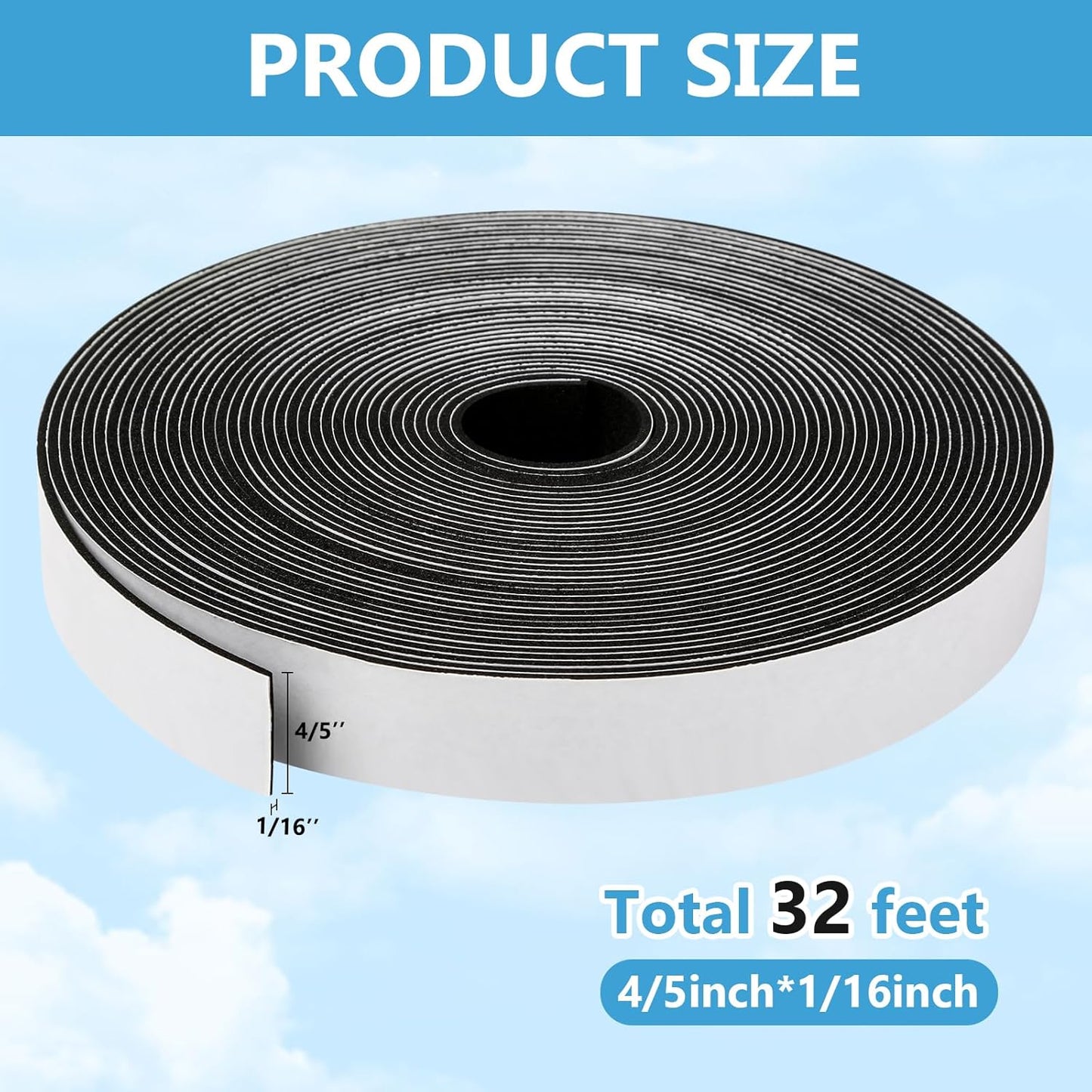 Weather Stripping Door Seal Strip (4/5 Inch X 1/16 Inch X 32Feet), Strong Adhesive, Lightproof, Soundproof, Weatherproof Foam Tape Insulation for Sliding Door, Front Door Frame, Windows- Black