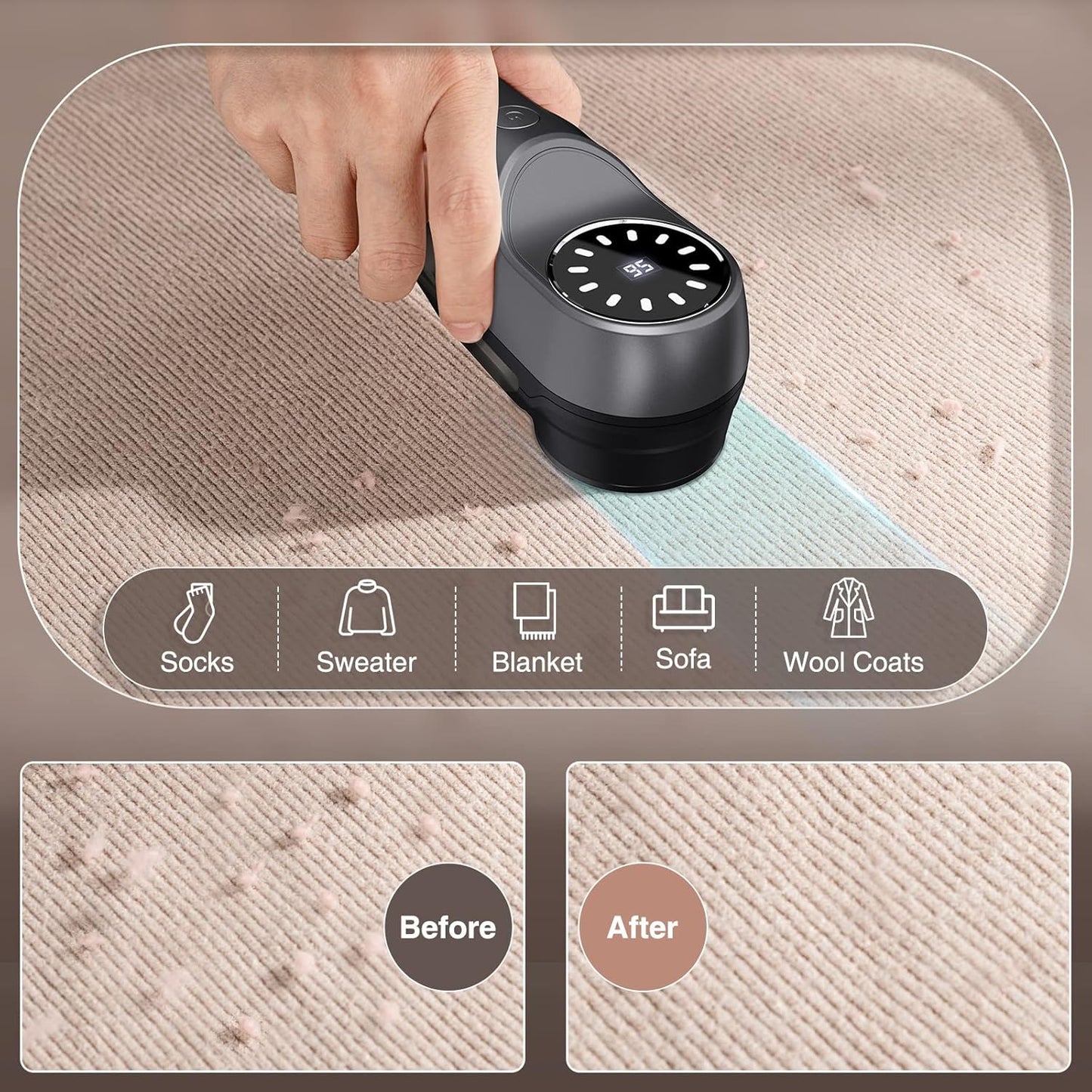 Fabric Shaver and Lint Remover with 2 Extra Blades, Led Digital Display Fabric Shaver for Furniture, 2 Speeds Powerful Ball Remover for Clothes Sweater Sofa Carpet (Black)