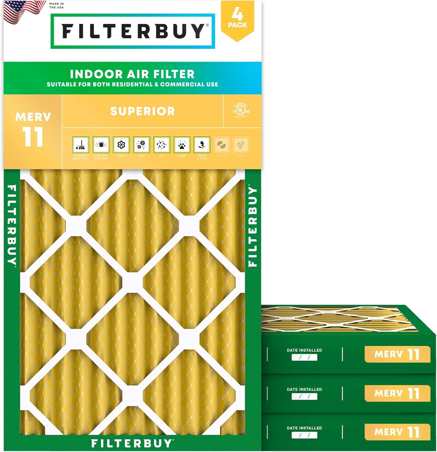 Filterbuy 14x24x2 Air Filter MERV 11 (MPR 1200) Allergen Defense Replacement (4-Pack), Electrostatic Pleated HVAC AC Furnace Filters, Made in USA (Actual Size: 13.50 x 23.50 x 1.75)