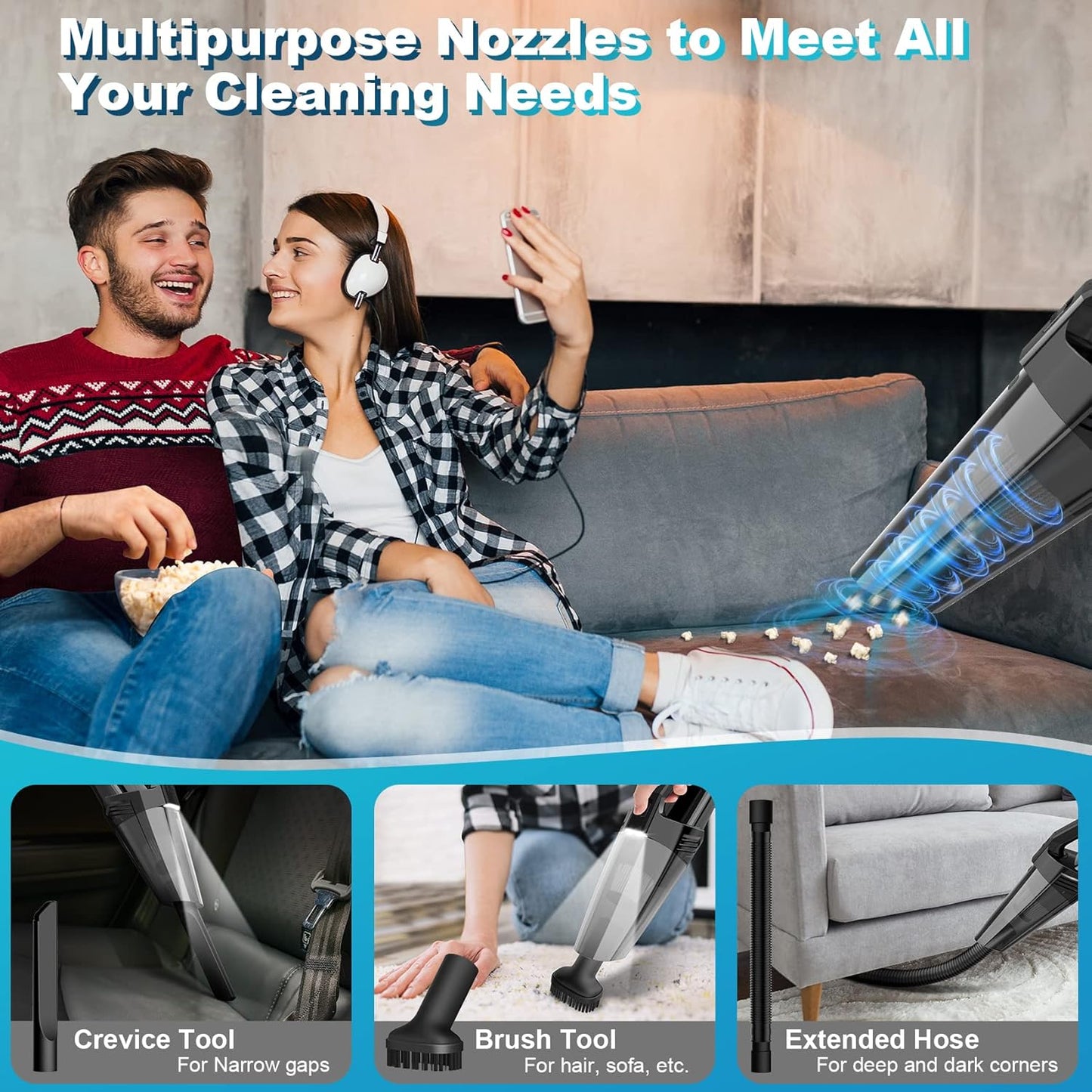 Handheld Vacuum Cordless Portable Car Vacuum with LED Light, High Power Suction, 3 in 1, Lightweight Rechargeable Hand Vacuum, Hand Held Vacuum Cleaner for Car Home Office, Pet Hair, Black