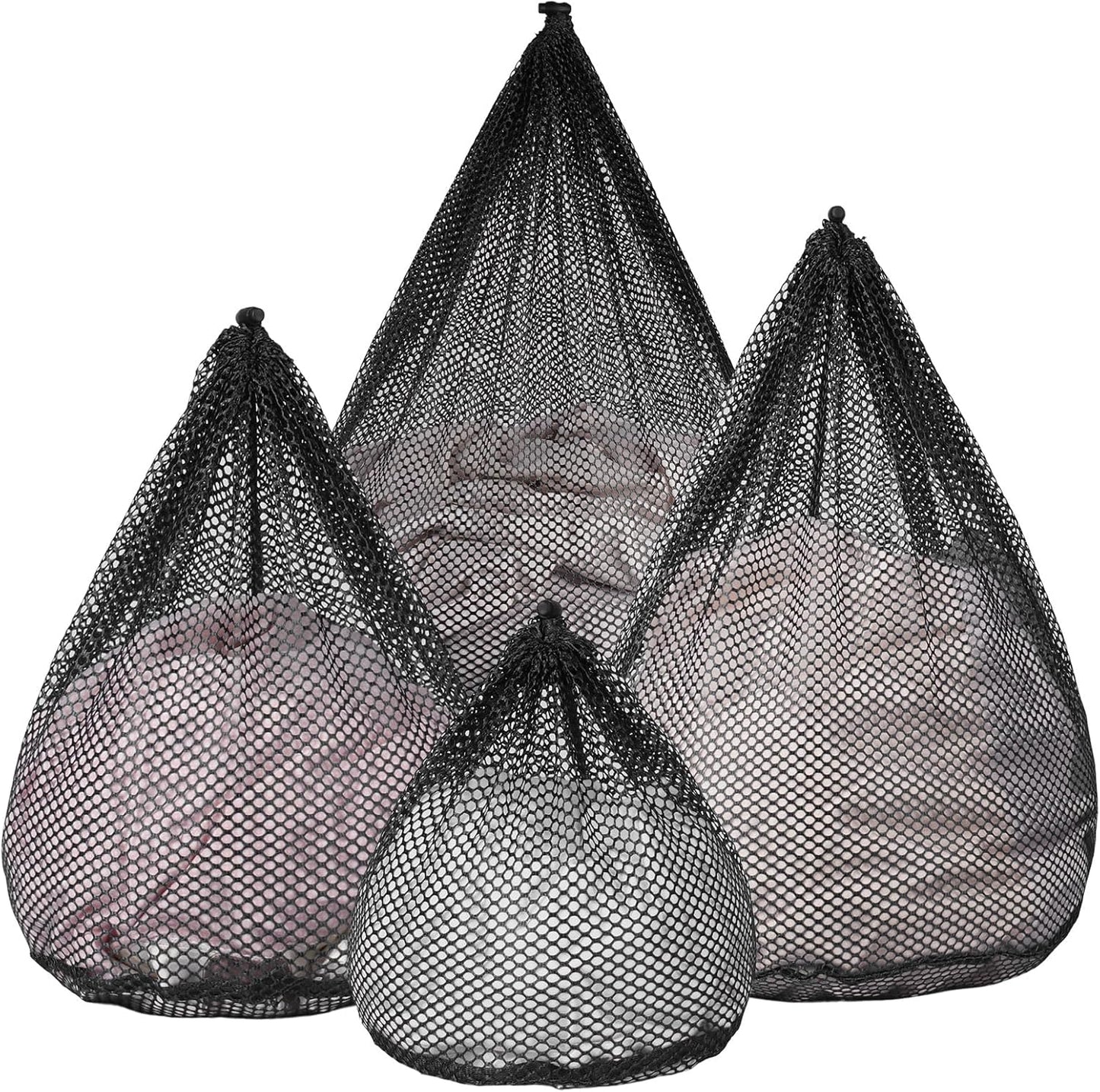 4Pcs Mesh Laundry Bags Washing Machine Mesh Wash Bags Jumbo for Delicates Clothes,Bed Linen,Toys with Drawstring Closure Sturdy (Black, Pack 4 Pcs)
