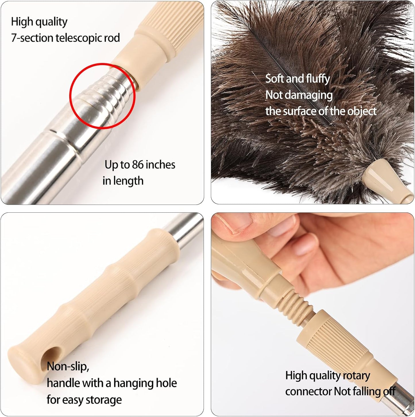 Extendable Cleaning Duster 94 Inch - Long Telescoping Ostrich Feather Dusters with Stainless Steel Extension Pole for High Ceiling Fan, High Ceilings,Roof Dusting