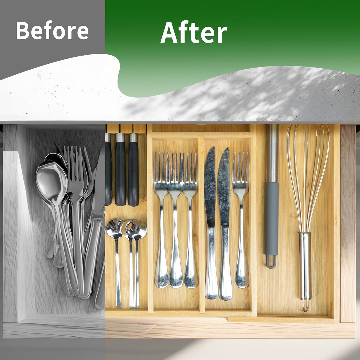 VaeFae Bamboo Kitchen Drawer Organizer, Wooden Utensil Tray with Multiple Compartments, Cutlery and Silverware Storage