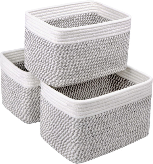 Small Cotton Rope Basket – Storage Bin for Organizing (10.6" x 6.7" x 6.7"), Bathroom Storage Basket for Shelf, Counter & Closet（White & Mixed Grey）