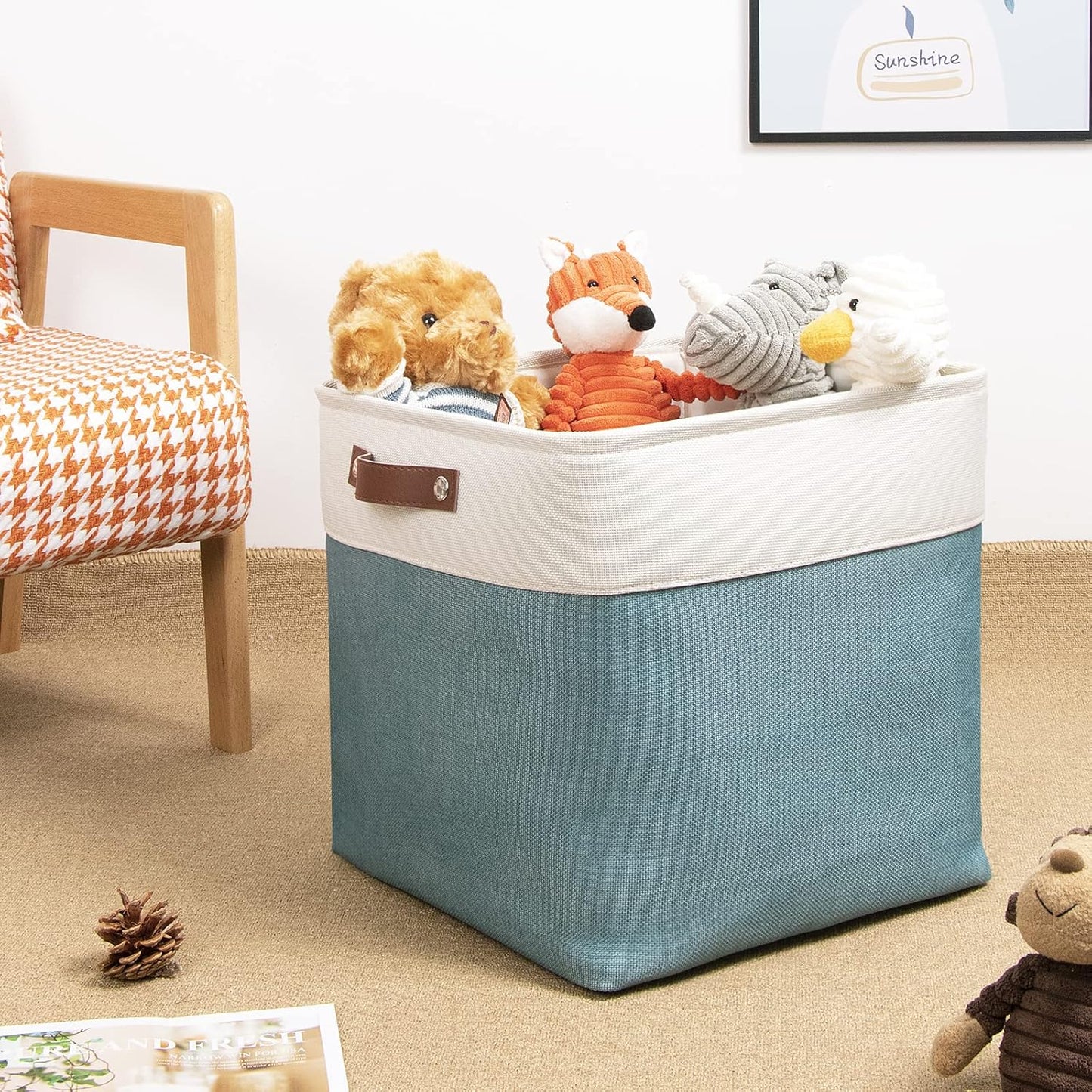 DULLEMELO Cube Basket for Storage, Collapsible Fabric Cube for Organizing, Storage Cube for Closet, Laundry, Nursery, Shelves, Decorative Basket for Gifts Empty (White&Teal)