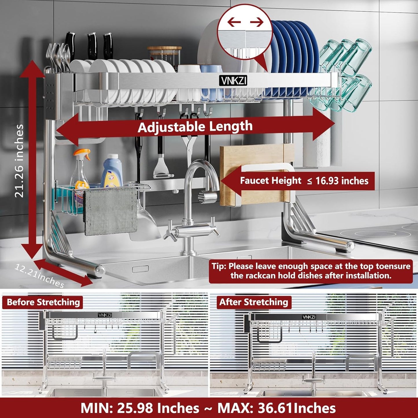 VNKZI Over Sink Dish Drying Rack, 2 Tier Full Stainless Steel Storage Adjustable Length (25.98'' to 36.61'') Kitchen Rack, Multifunctional Expandable Counter Organizer, Space Saver Dish Rack