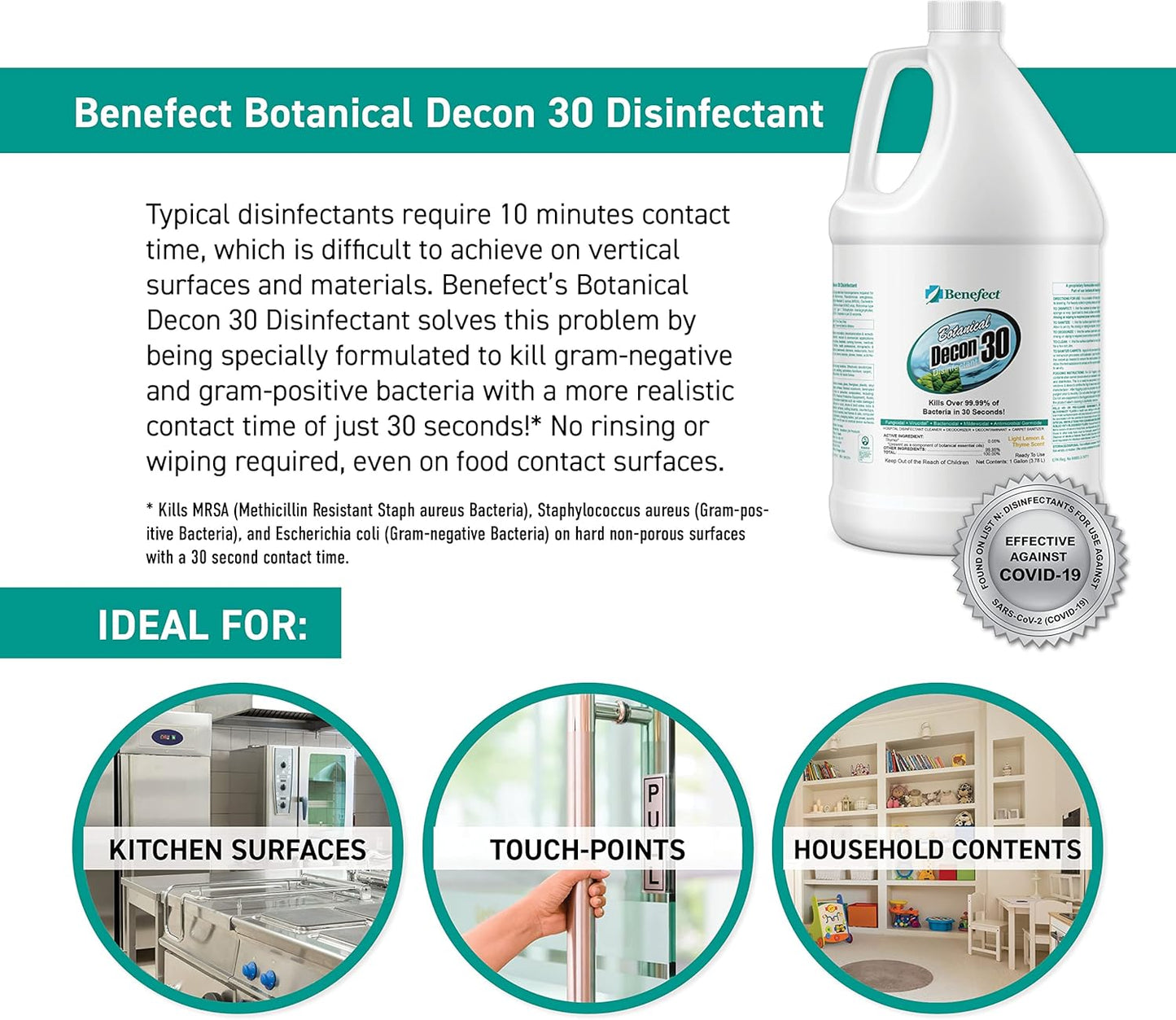 Benefect Botanical Decon 30 Disinfectant Cleaner - All Natural Formula for Effective Cleaning Power - Ideal for Restoration Jobs & Water Damage - 20476 - 1 Gallon